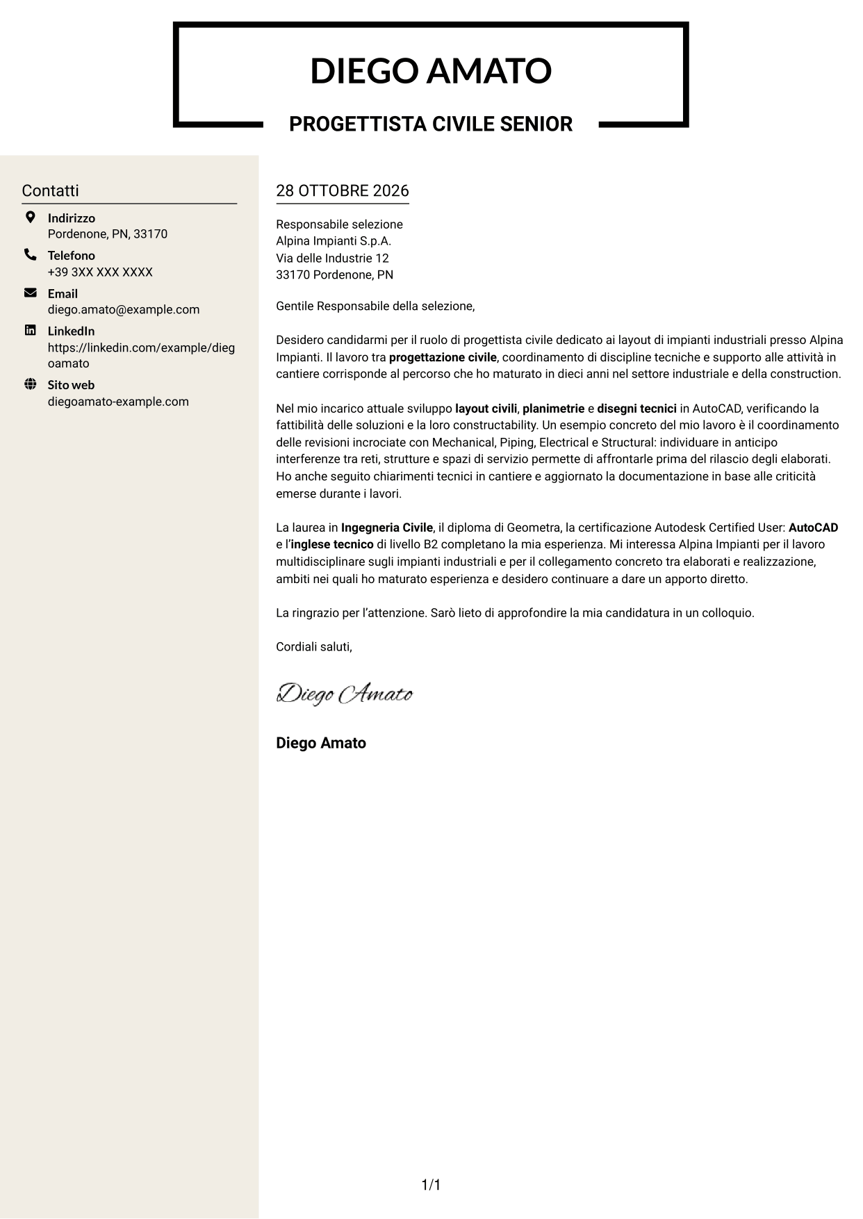 Lettera di presentazione Intraprendente (formato a due colonne con intestazione centrata senza foto): Progettista civile - Layout di impianti industriali, pagina 1