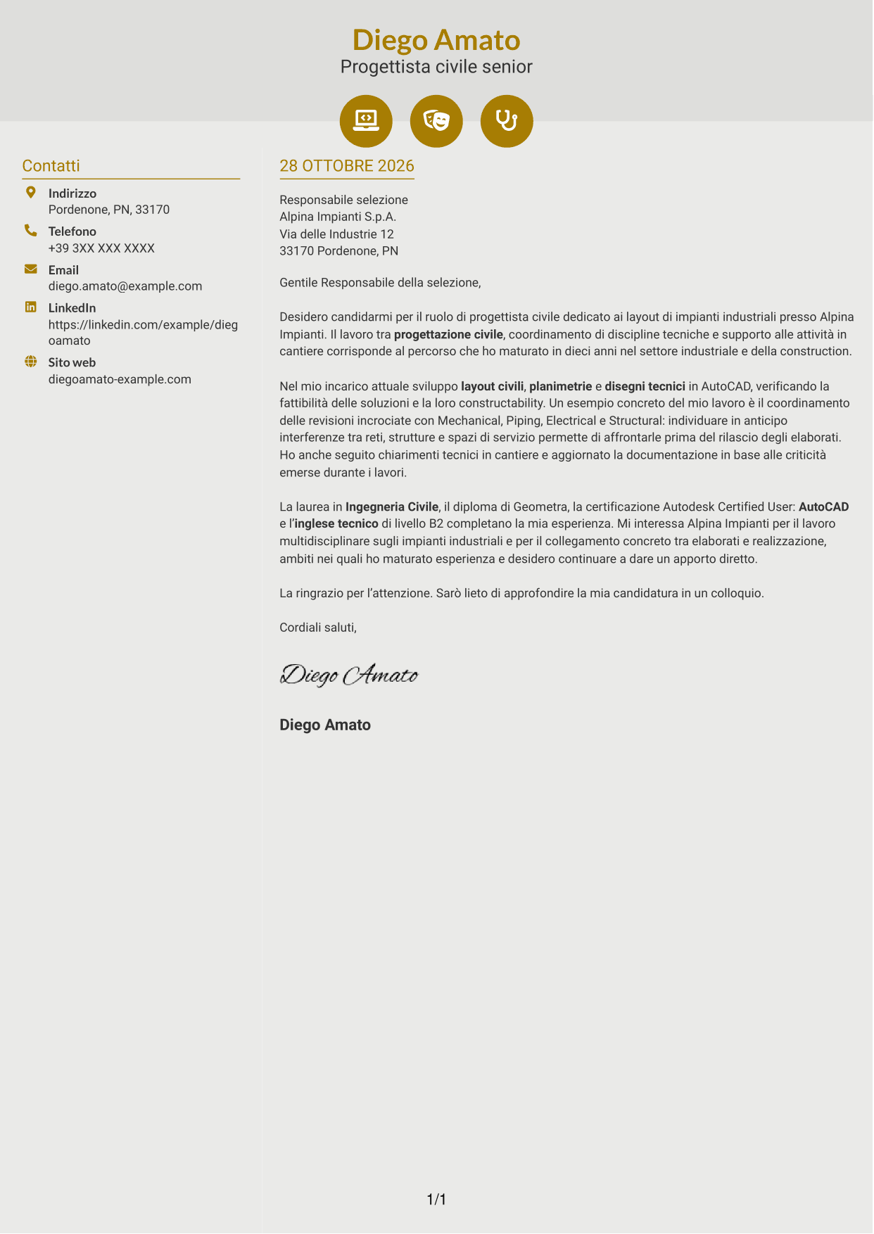 Lettera di presentazione Dinamico (formato a due colonne con icone): Progettista civile - Layout di impianti industriali, pagina 1