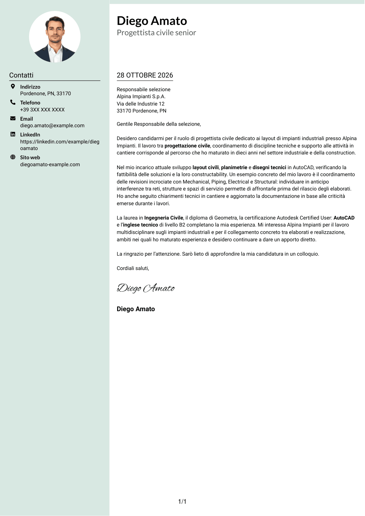 Lettera di presentazione Dirigente (formato con colonna laterale tenue e foto arrotondata): Progettista civile - Layout di impianti industriali, pagina 1