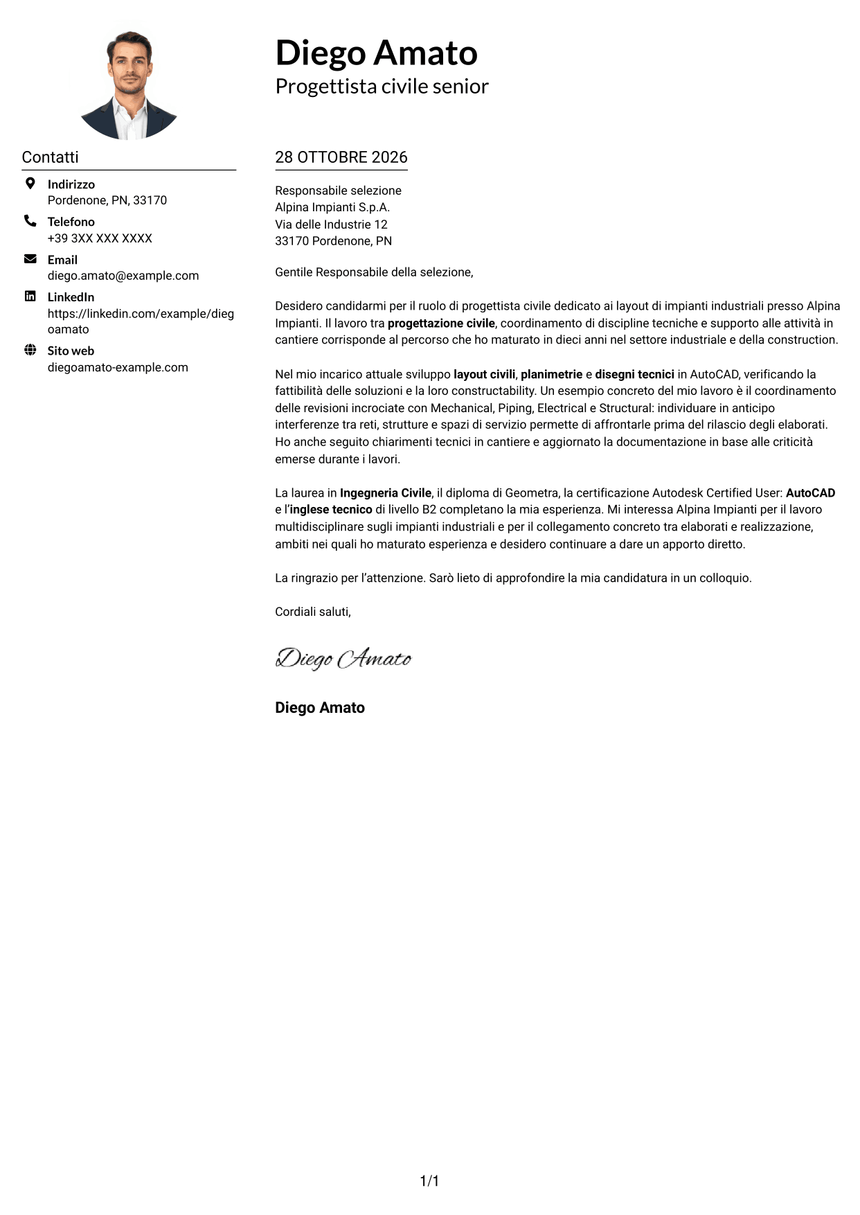 Esempio di lettera di presentazione — pagina 1