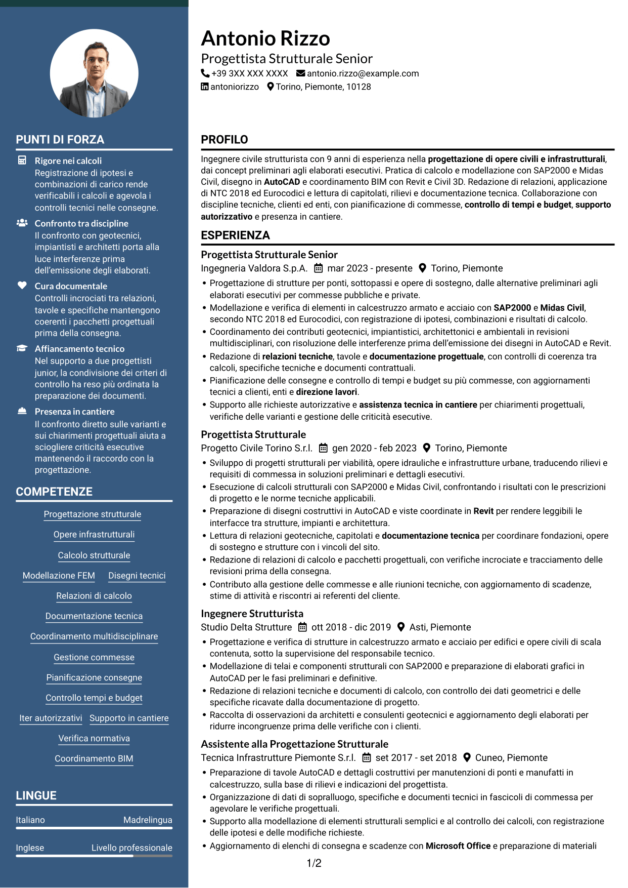 CV Elegante (formato con colonna laterale colorata e foto): Progettista Strutturale - Opere Infrastrutturali, pagina 1