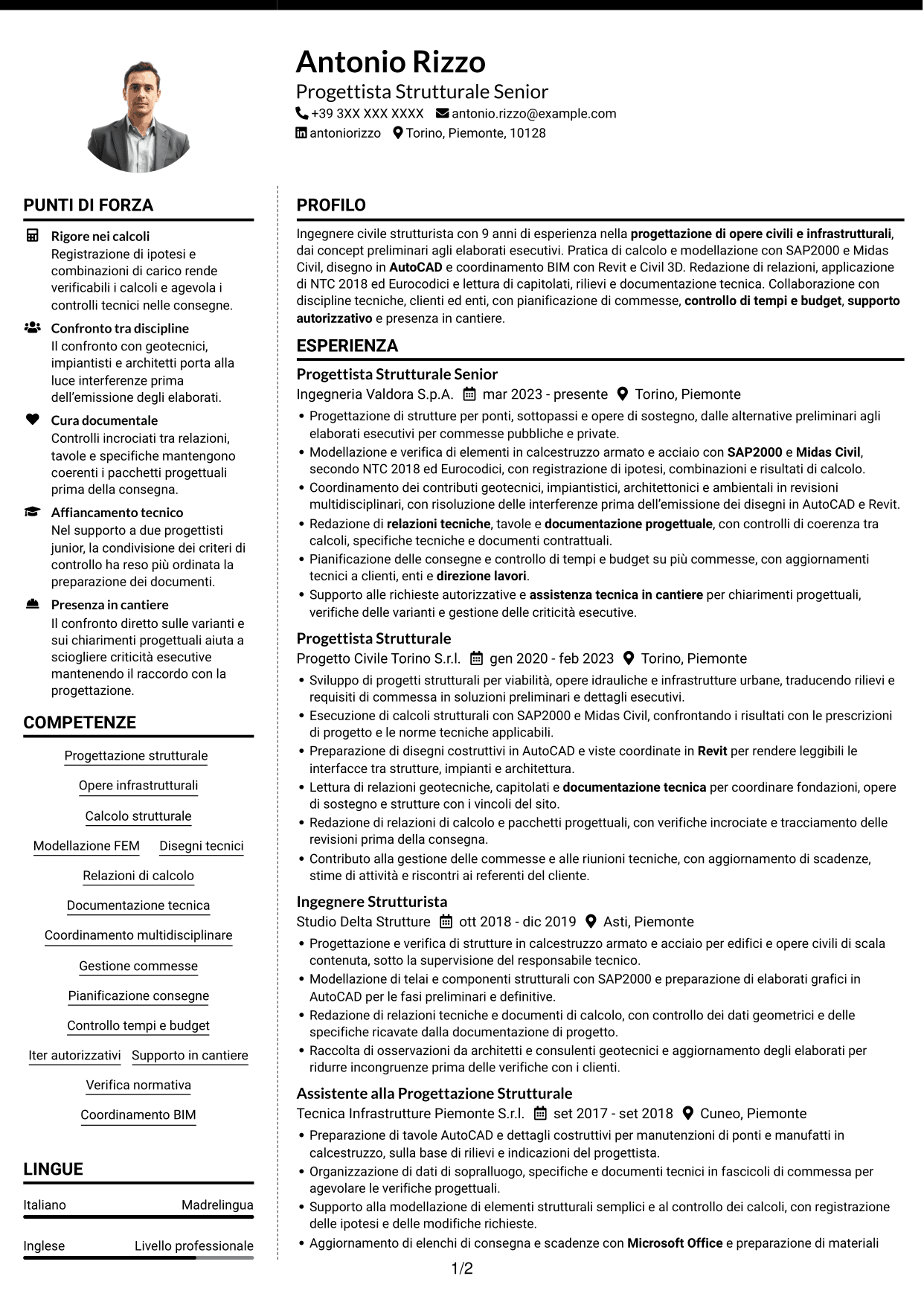 CV Moderno (formato a due colonne con foto a sinistra e separatore): Progettista Strutturale - Opere Infrastrutturali, pagina 1