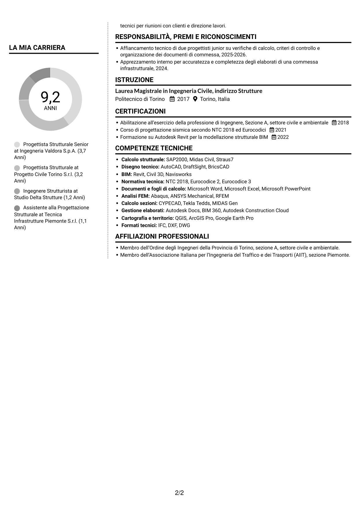 CV Moderno (formato a due colonne con foto a sinistra e separatore): Progettista Strutturale - Opere Infrastrutturali, pagina 2