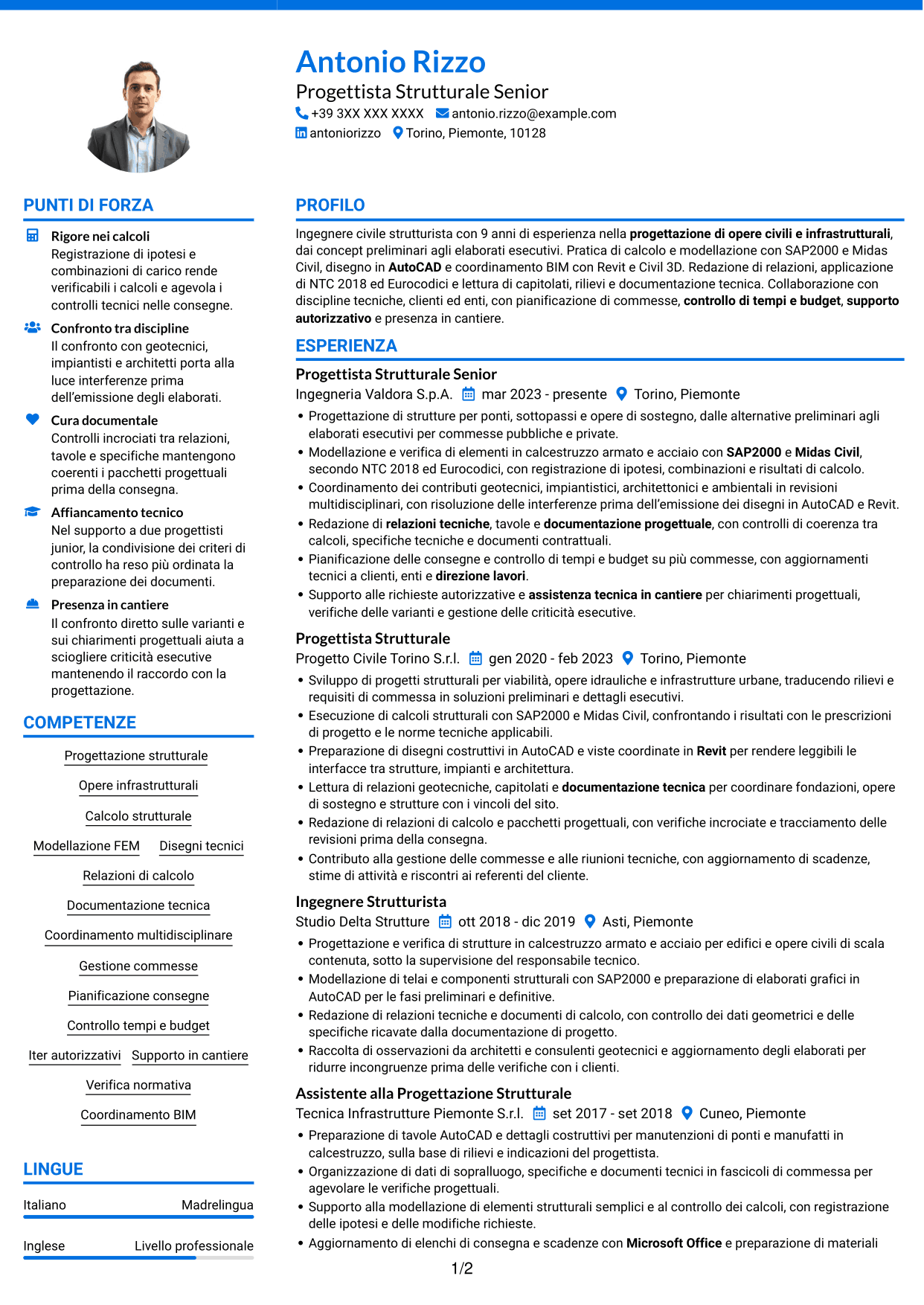 CV Audace (formato a due colonne con accenti colorati e foto): Progettista Strutturale - Opere Infrastrutturali, pagina 1
