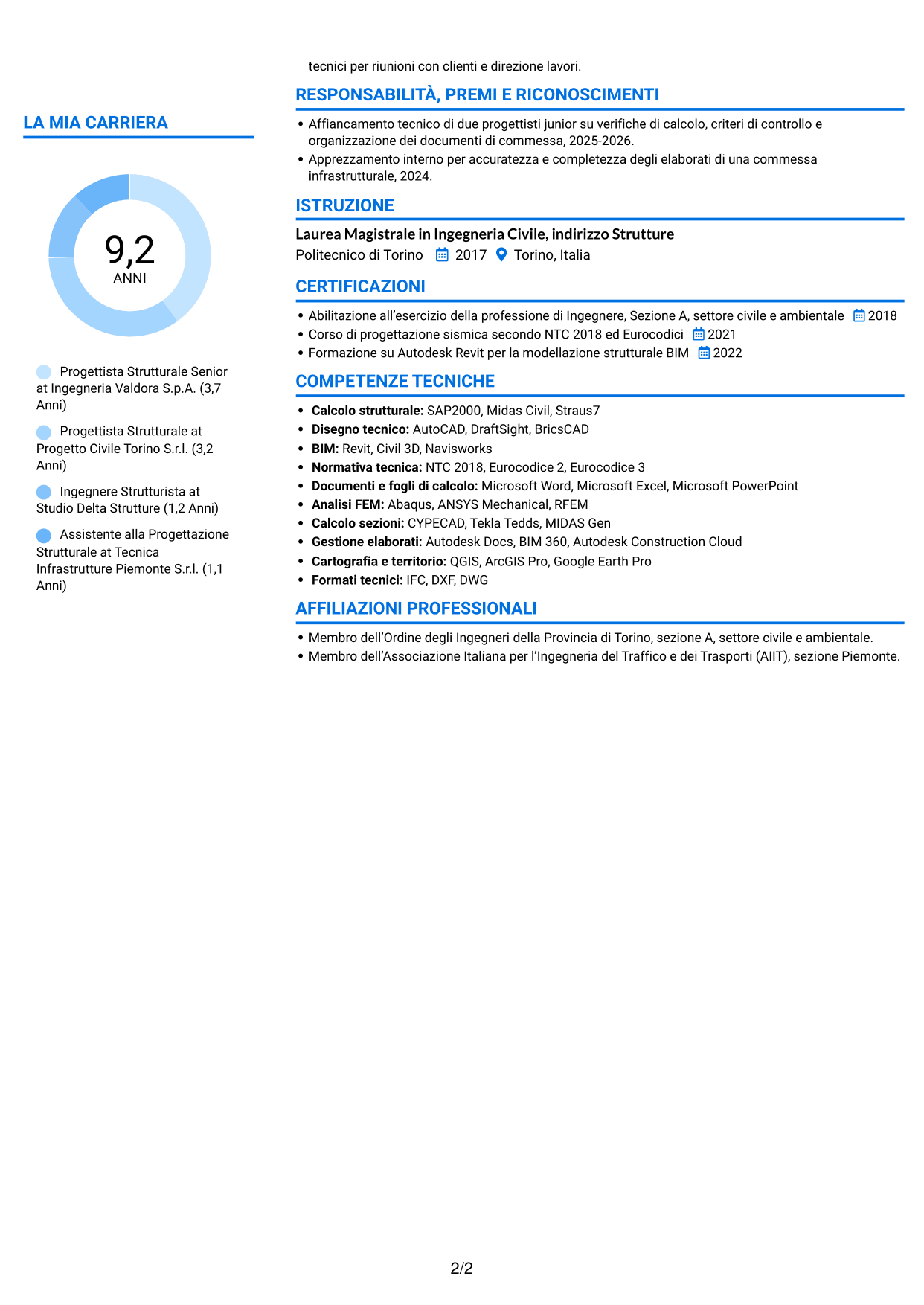 CV Audace (formato a due colonne con accenti colorati e foto): Progettista Strutturale - Opere Infrastrutturali, pagina 2