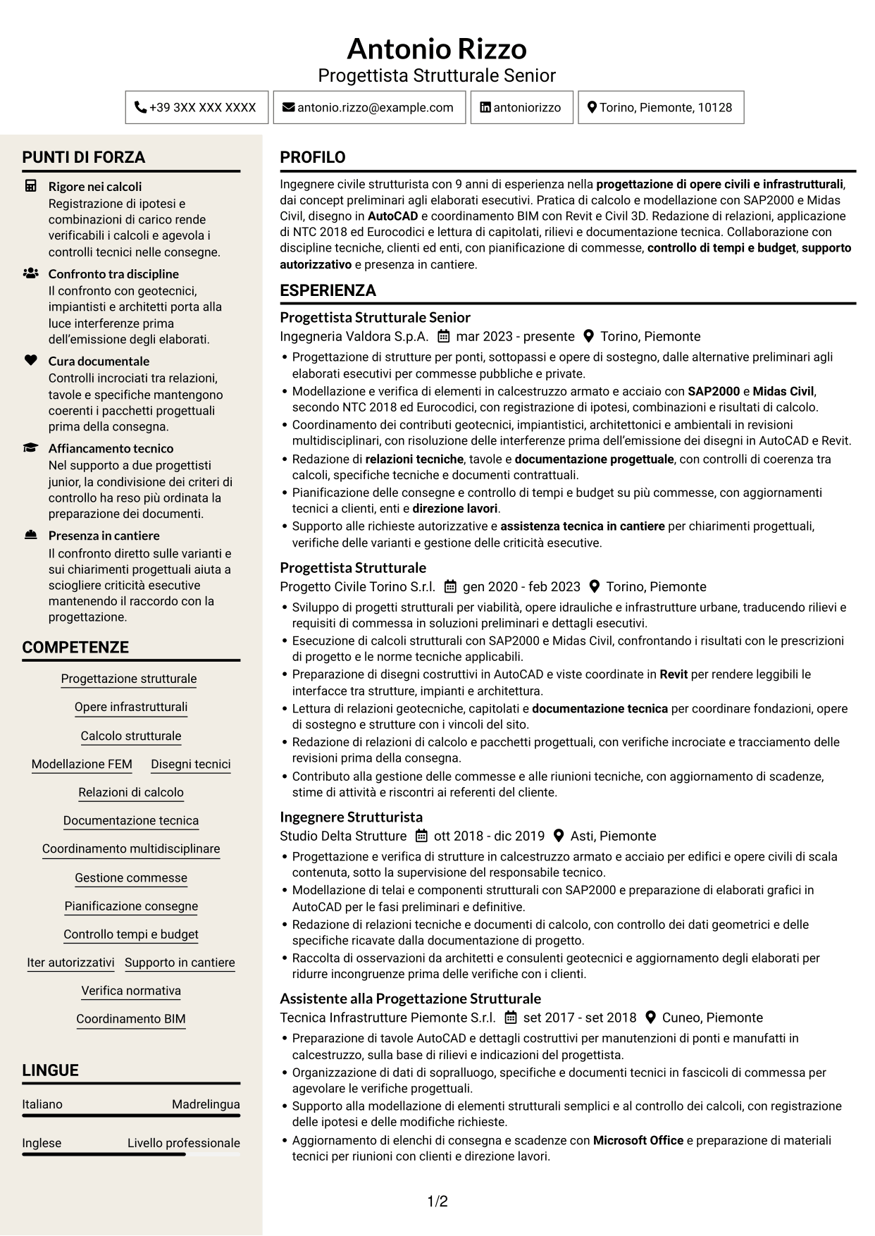 CV Intraprendente (formato a due colonne con intestazione centrata senza foto): Progettista Strutturale - Opere Infrastrutturali, pagina 1