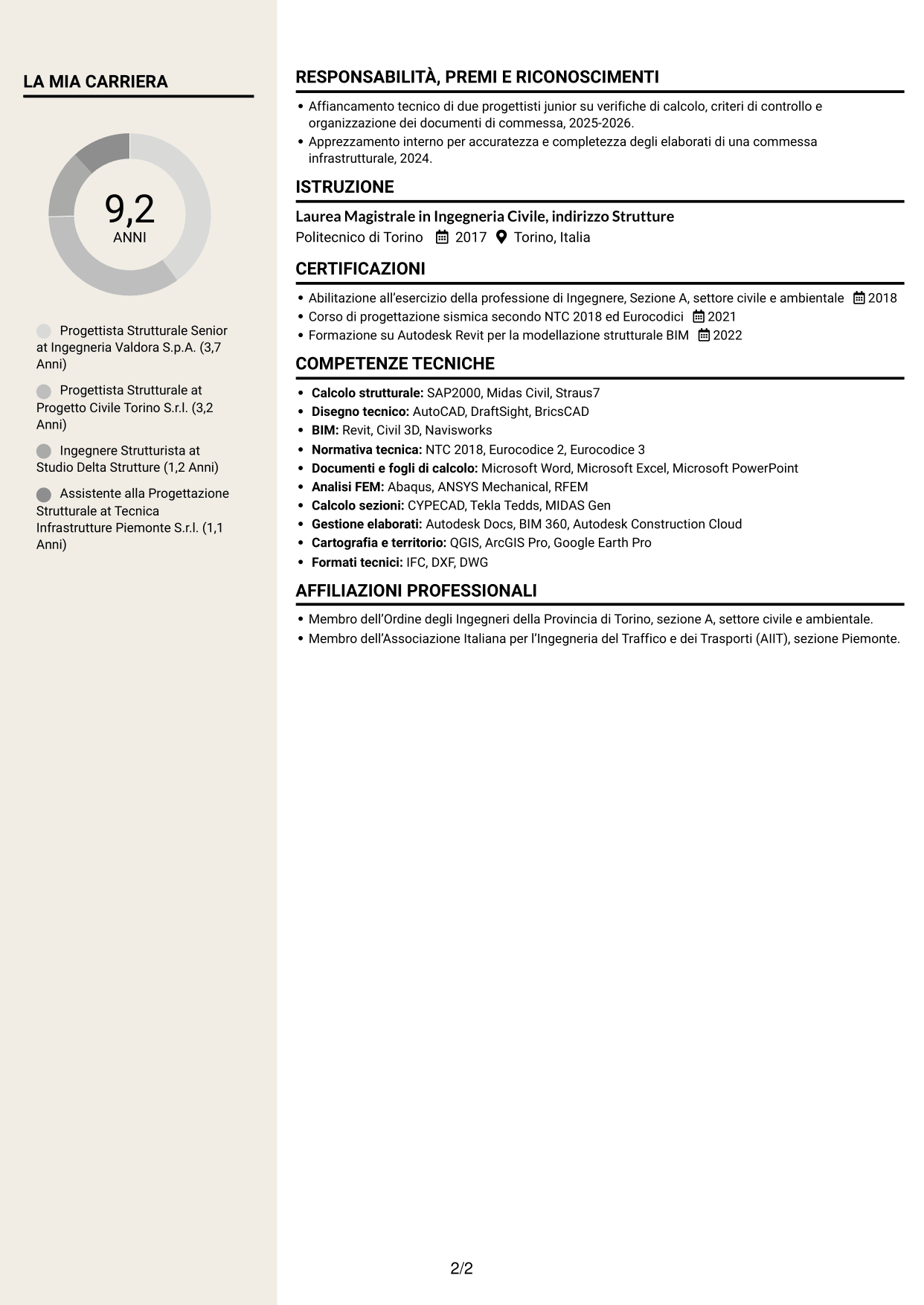 CV Intraprendente (formato a due colonne con intestazione centrata senza foto): Progettista Strutturale - Opere Infrastrutturali, pagina 2