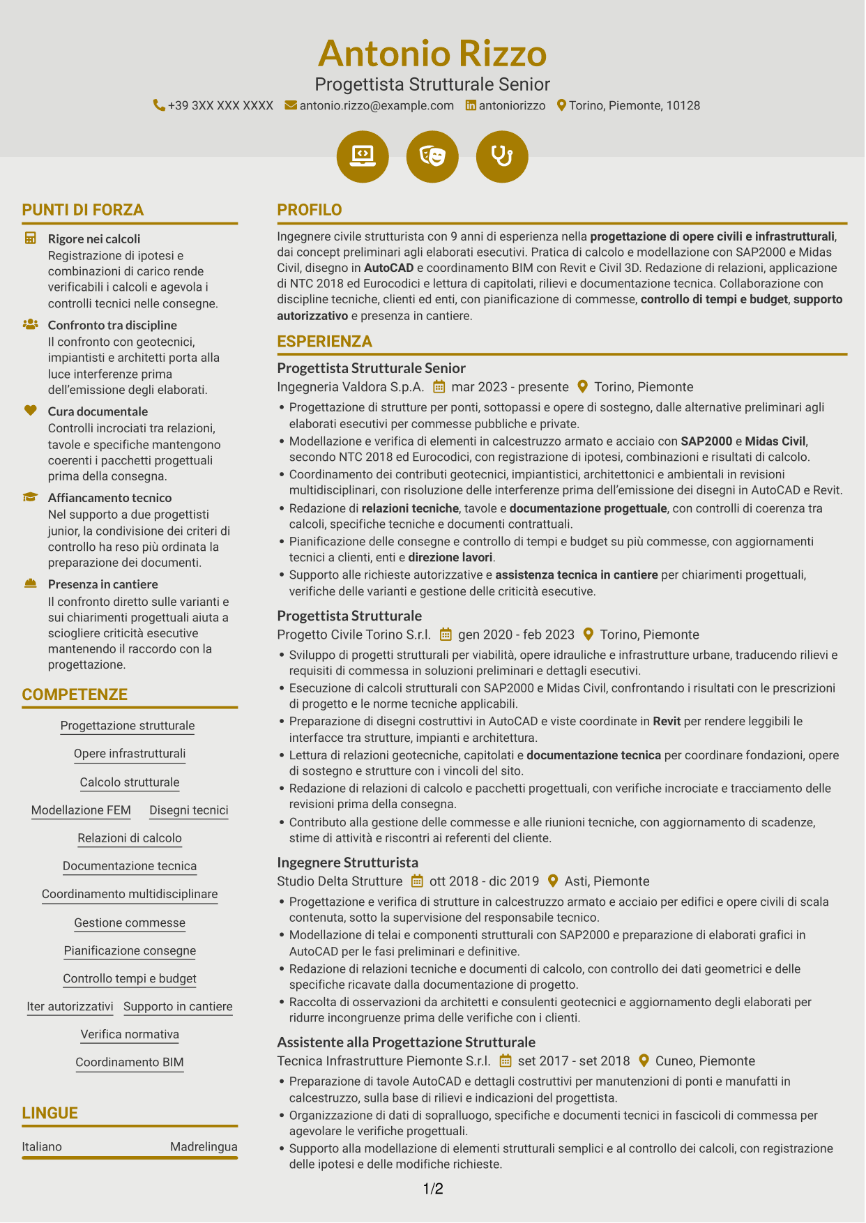 CV Dinamico (formato a due colonne con icone): Progettista Strutturale - Opere Infrastrutturali, pagina 1