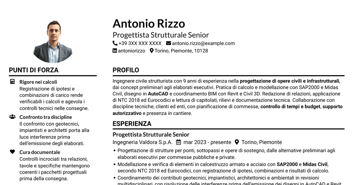 7 modelli di CV per Progettista Strutturale - Opere Infrastrutturali, con esempi