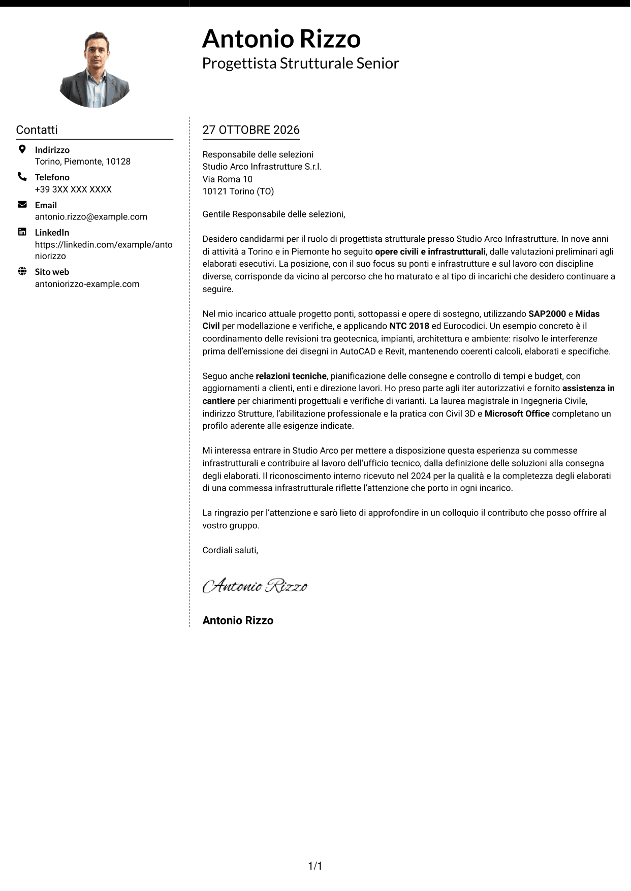 Lettera di presentazione Moderno (formato a due colonne con foto a sinistra e separatore): Progettista Strutturale - Opere Infrastrutturali, pagina 1