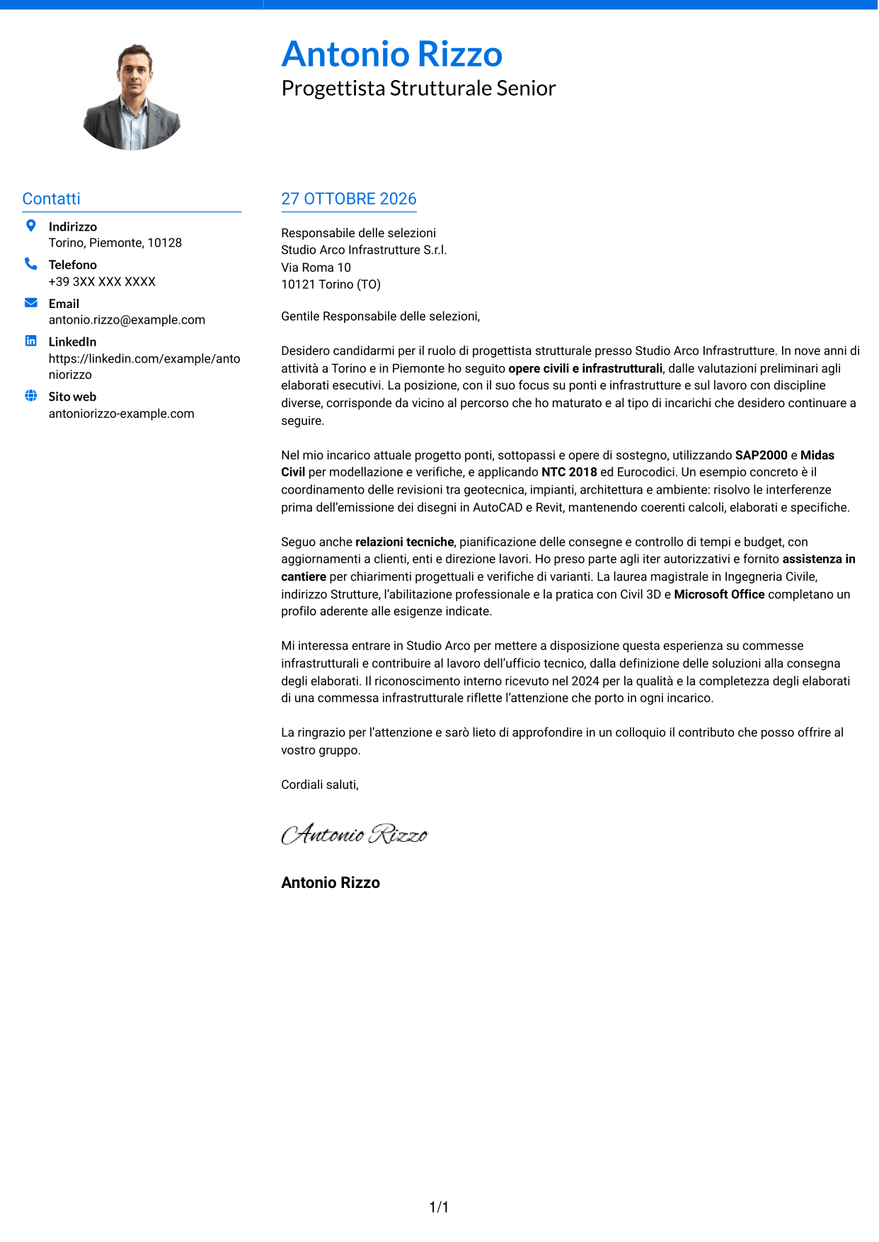 Lettera di presentazione Audace (formato a due colonne con accenti colorati e foto): Progettista Strutturale - Opere Infrastrutturali, pagina 1