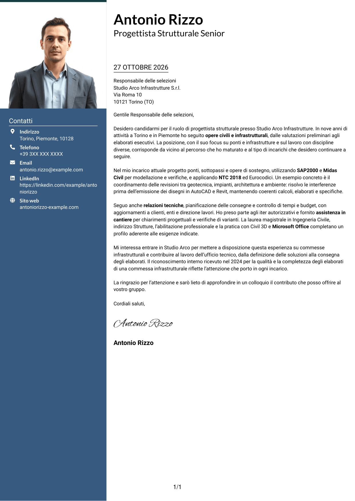 Lettera di presentazione Signature (formato con colonna laterale colorata e foto grande): Progettista Strutturale - Opere Infrastrutturali, pagina 1