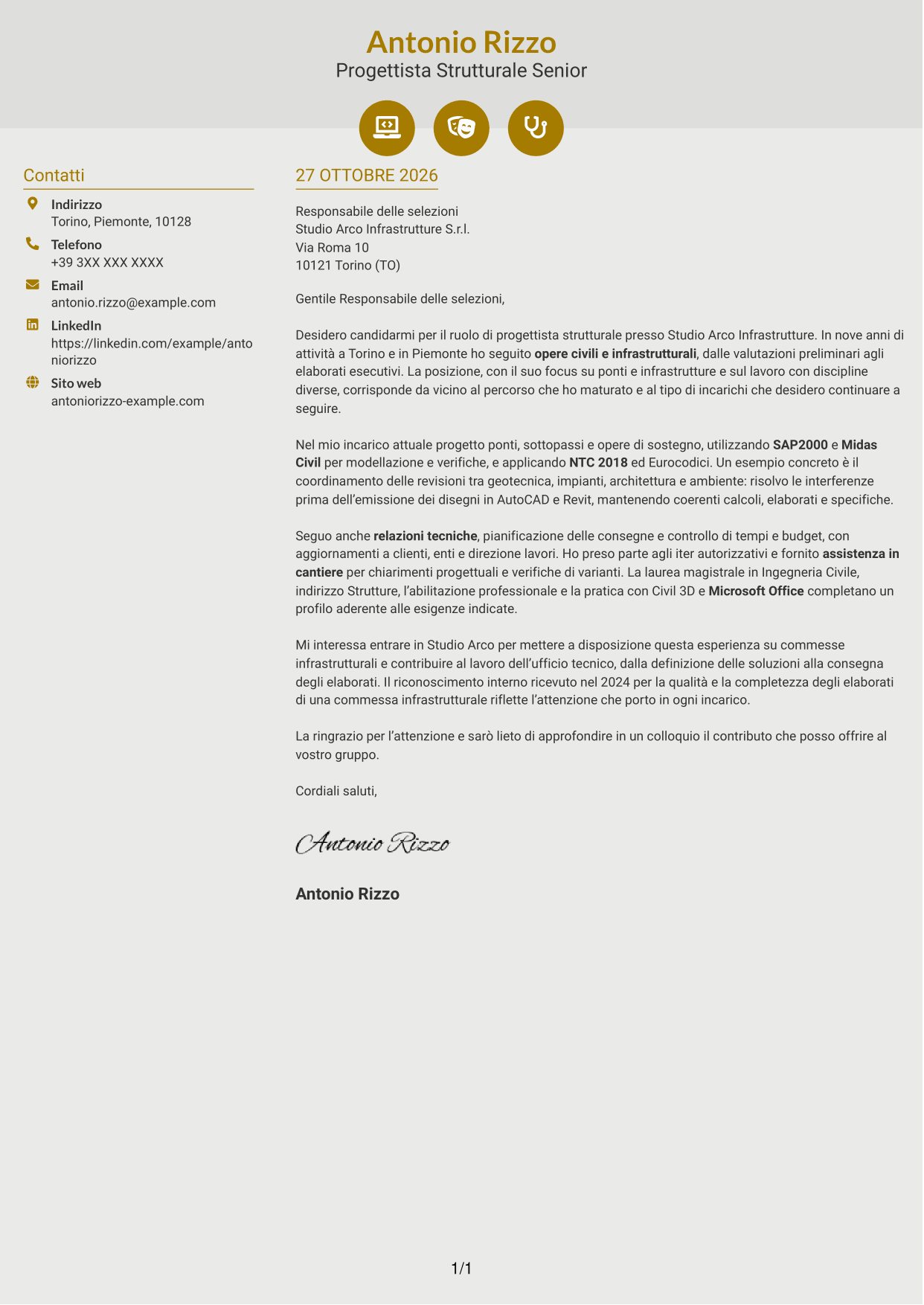 Lettera di presentazione Dinamico (formato a due colonne con icone): Progettista Strutturale - Opere Infrastrutturali, pagina 1