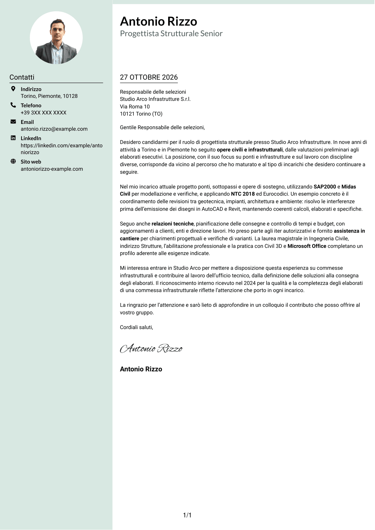 Lettera di presentazione Dirigente (formato con colonna laterale tenue e foto arrotondata): Progettista Strutturale - Opere Infrastrutturali, pagina 1