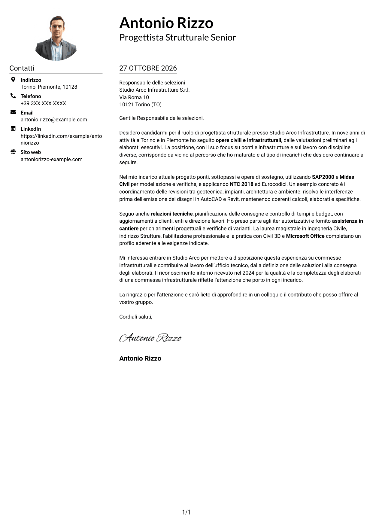Esempio di lettera di presentazione — pagina 1