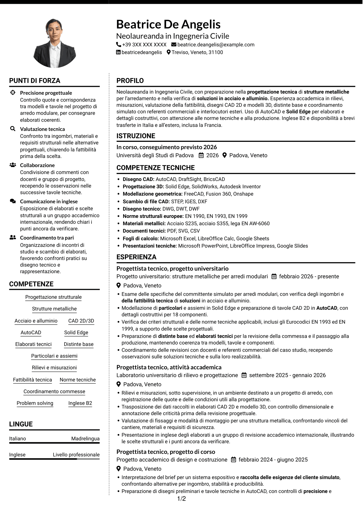CV Moderno (formato a due colonne con foto a sinistra e separatore): Progettista tecnico - Strutture metalliche per l’arredamento, pagina 1