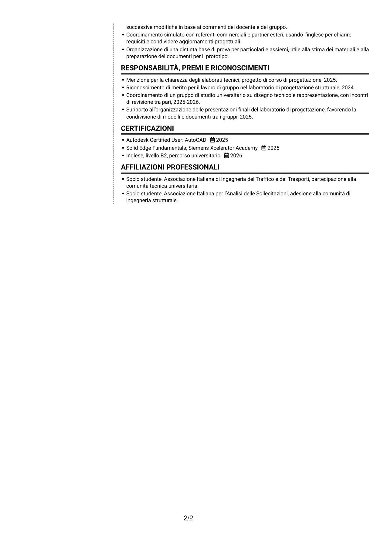 CV Moderno (formato a due colonne con foto a sinistra e separatore): Progettista tecnico - Strutture metalliche per l’arredamento, pagina 2