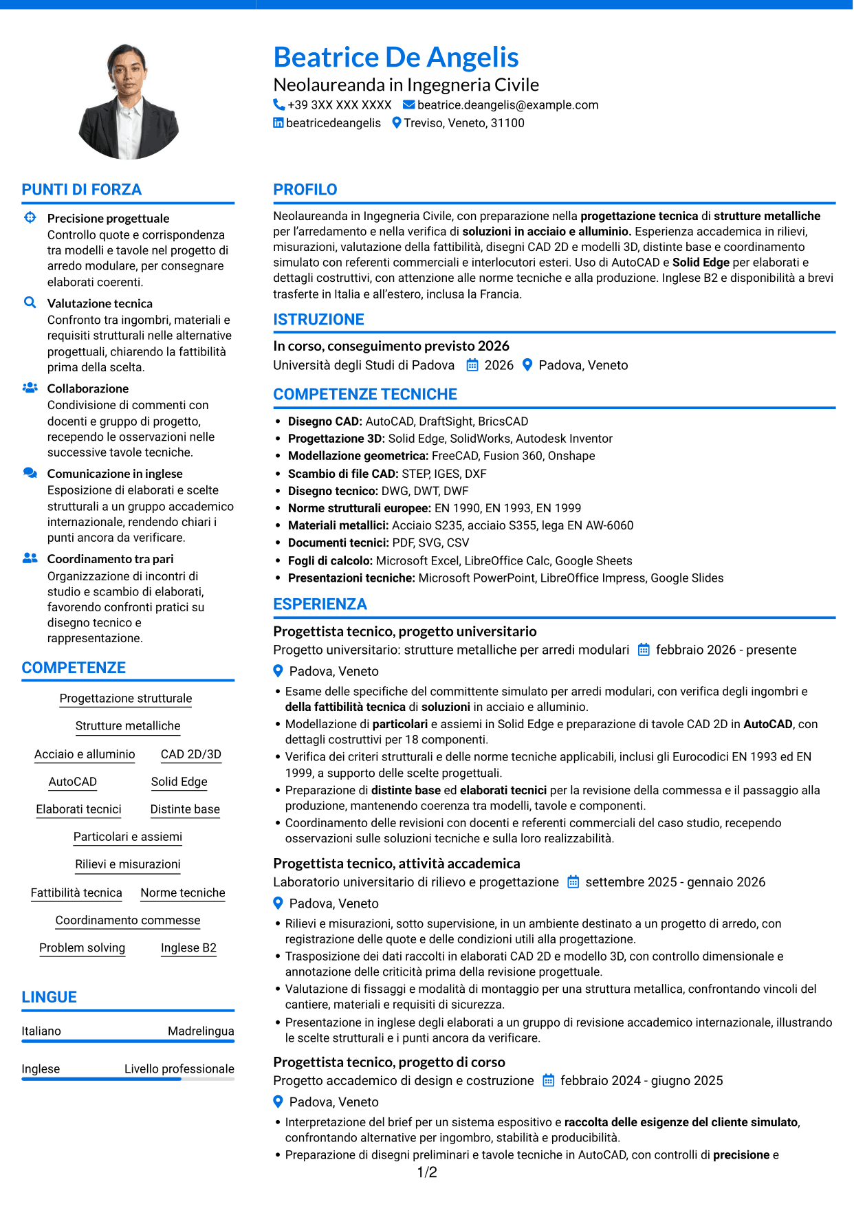 CV Audace (formato a due colonne con accenti colorati e foto): Progettista tecnico - Strutture metalliche per l’arredamento, pagina 1
