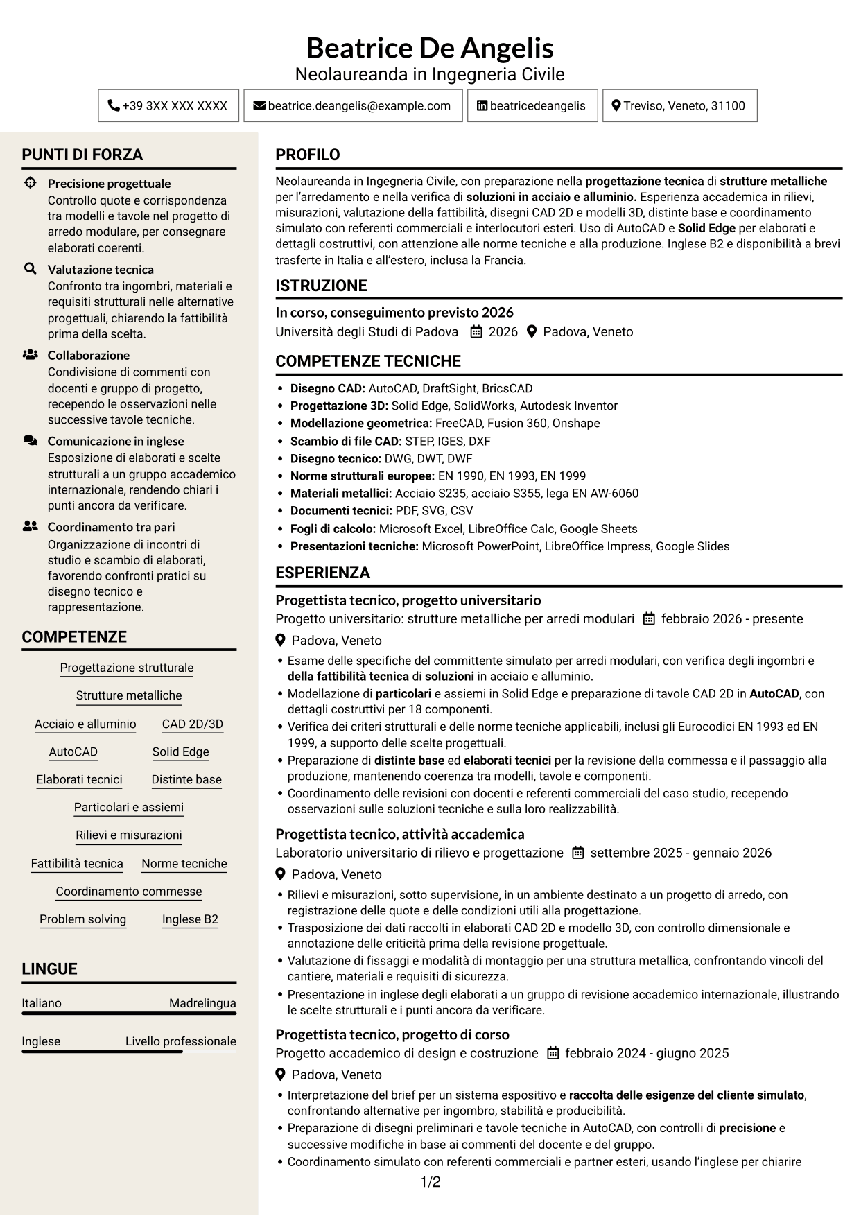 CV Intraprendente (formato a due colonne con intestazione centrata senza foto): Progettista tecnico - Strutture metalliche per l’arredamento, pagina 1