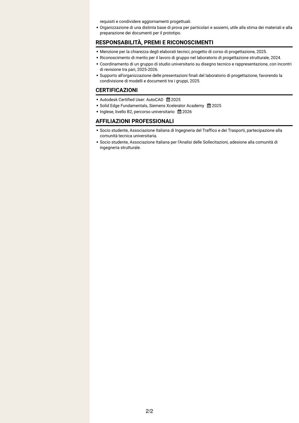 CV Intraprendente (formato a due colonne con intestazione centrata senza foto): Progettista tecnico - Strutture metalliche per l’arredamento, pagina 2