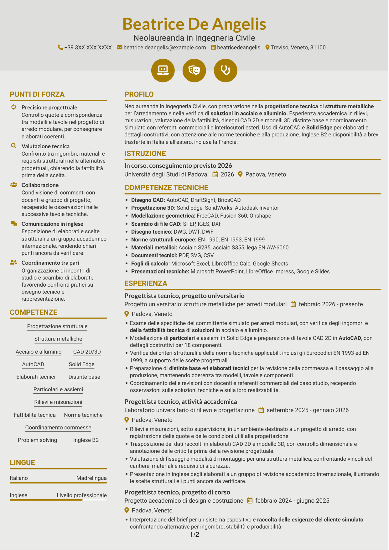 CV Dinamico (formato a due colonne con icone): Progettista tecnico - Strutture metalliche per l’arredamento, pagina 1