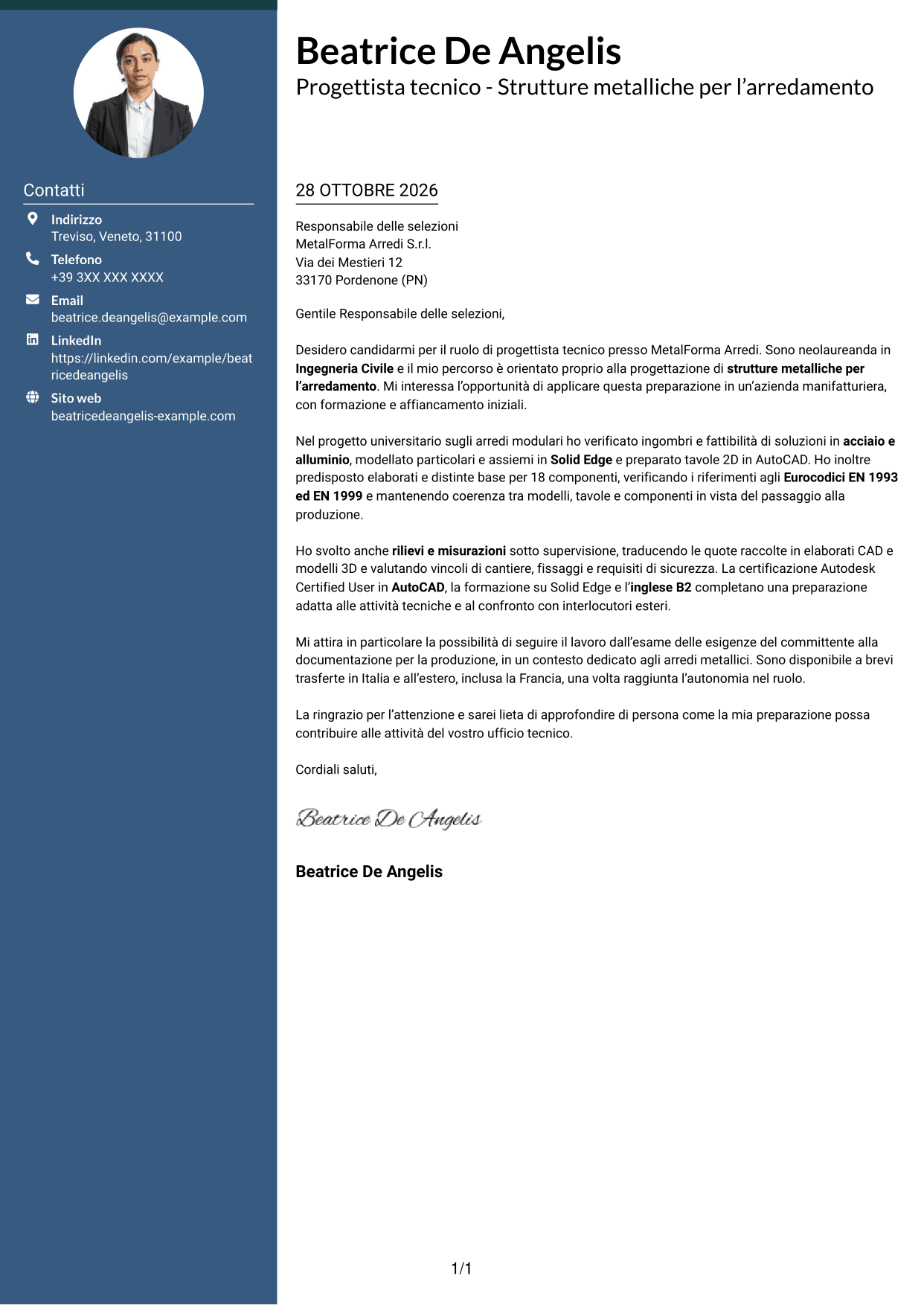 Lettera di presentazione Elegante (formato con colonna laterale colorata e foto): Progettista tecnico - Strutture metalliche per l’arredamento, pagina 1