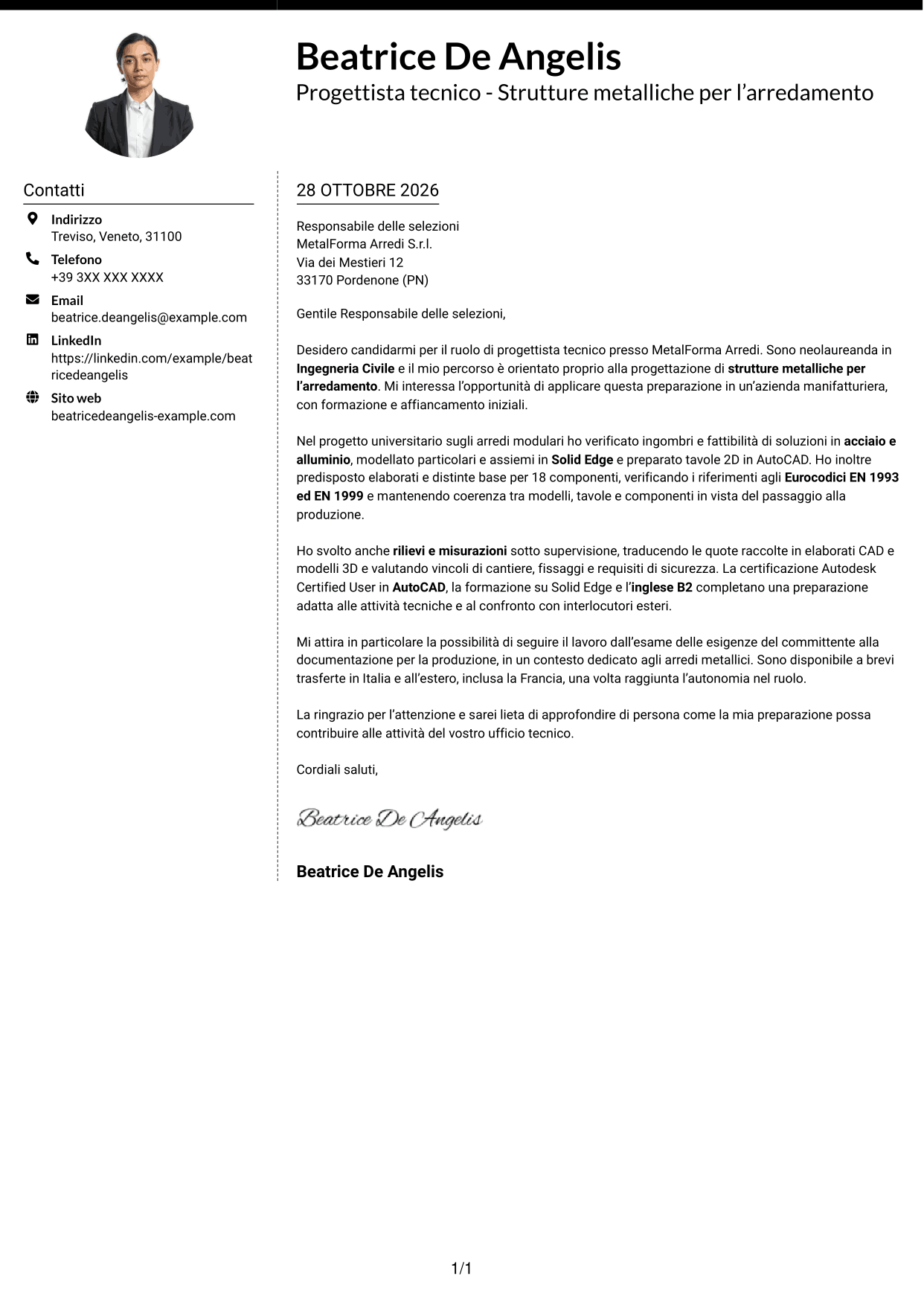 Lettera di presentazione Moderno (formato a due colonne con foto a sinistra e separatore): Progettista tecnico - Strutture metalliche per l’arredamento, pagina 1