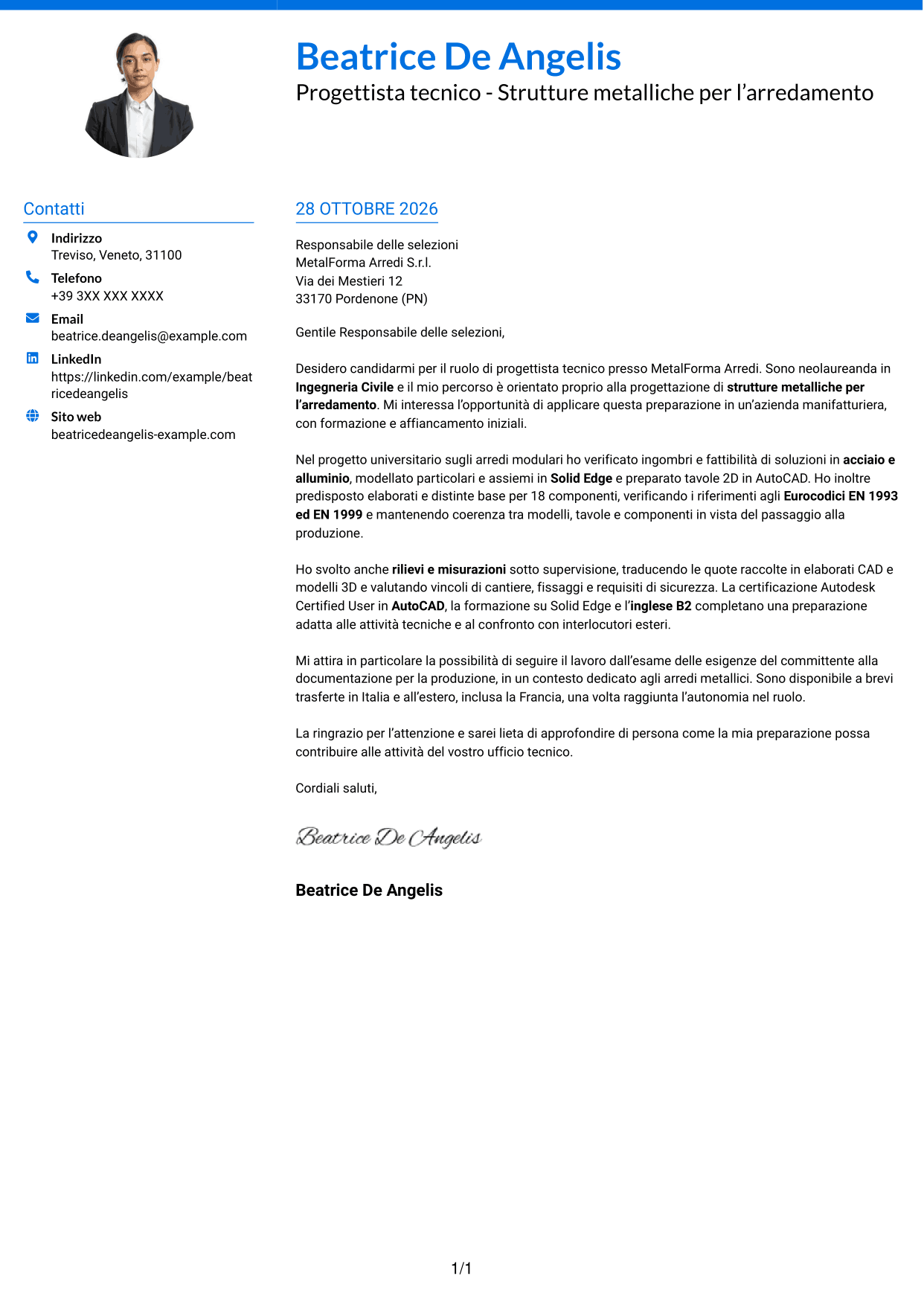 Lettera di presentazione Audace (formato a due colonne con accenti colorati e foto): Progettista tecnico - Strutture metalliche per l’arredamento, pagina 1