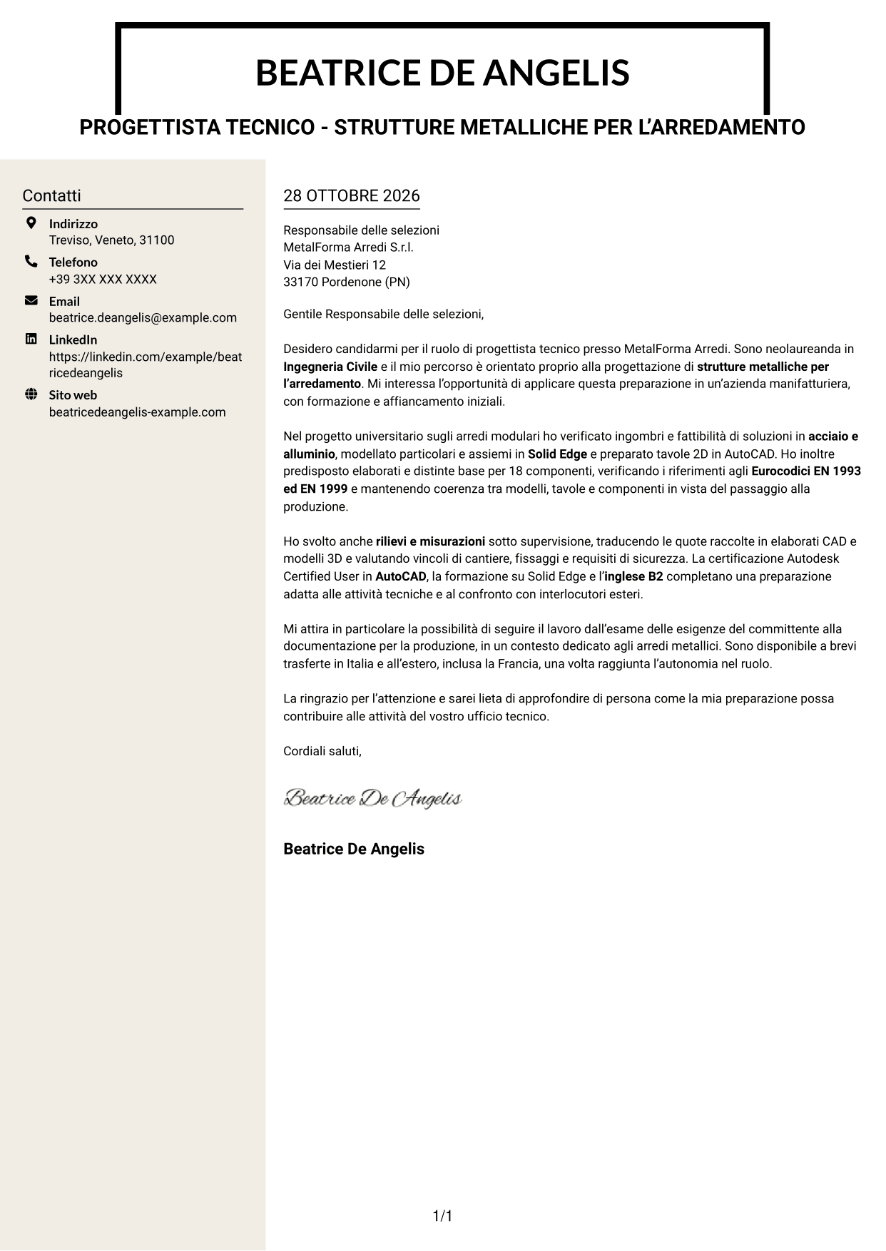Lettera di presentazione Intraprendente (formato a due colonne con intestazione centrata senza foto): Progettista tecnico - Strutture metalliche per l’arredamento, pagina 1