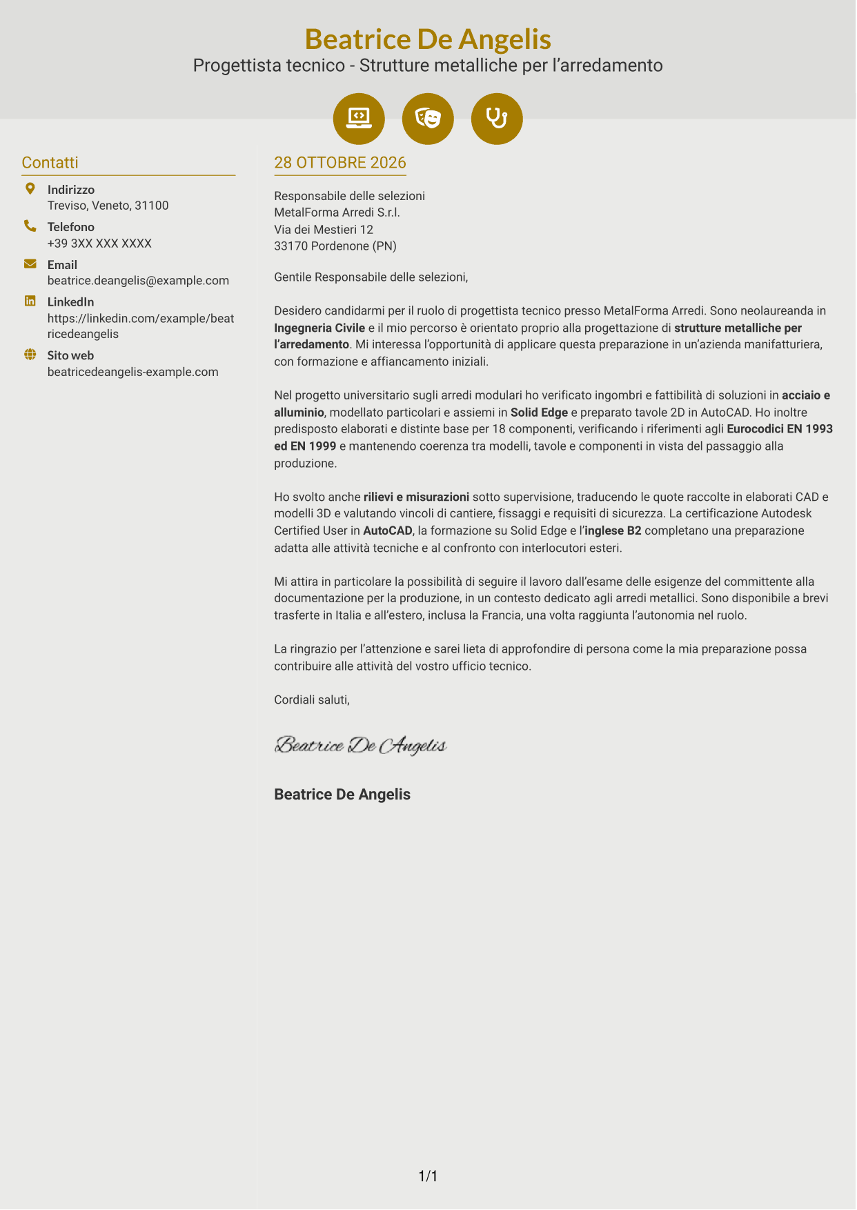 Lettera di presentazione Dinamico (formato a due colonne con icone): Progettista tecnico - Strutture metalliche per l’arredamento, pagina 1