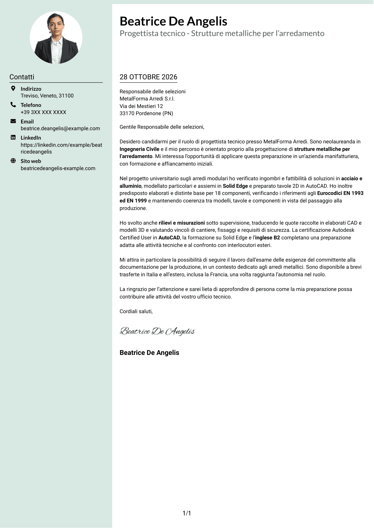 Lettera di presentazione Dirigente (formato con colonna laterale tenue e foto arrotondata): Progettista tecnico - Strutture metalliche per l’arredamento, pagina 1