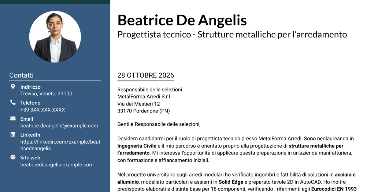 7 modelli di lettera di presentazione per Progettista tecnico - Strutture metalliche per l’arredamento, con esempi