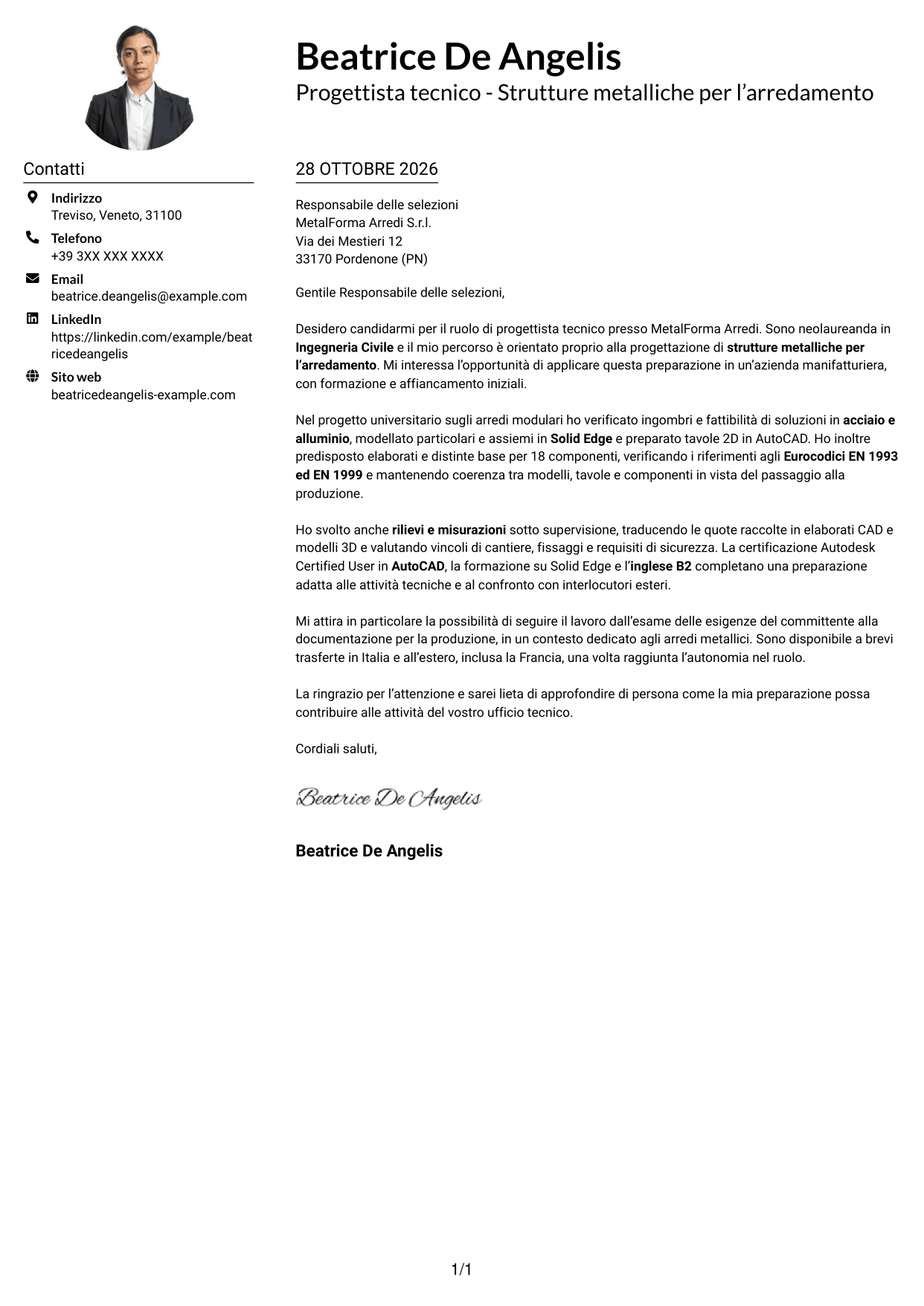 Esempio di lettera di presentazione — pagina 1