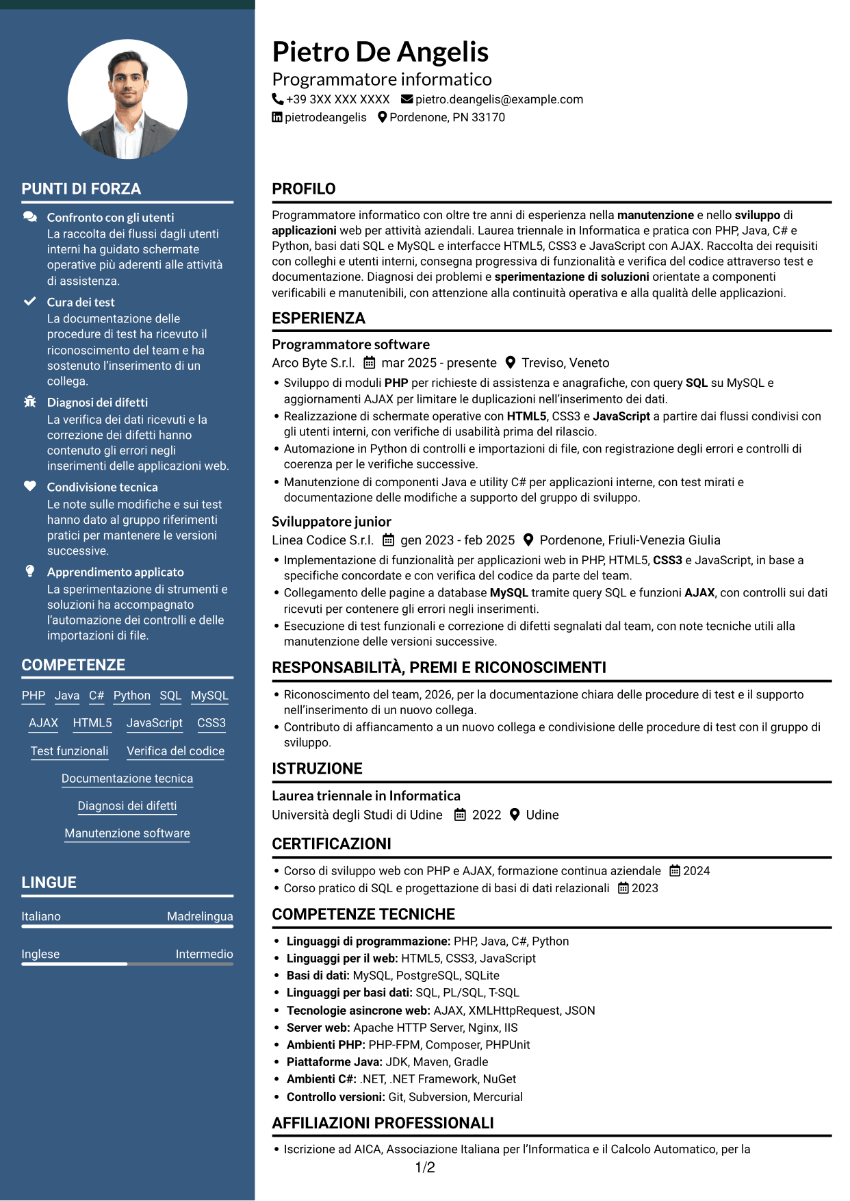 CV Elegante (formato con colonna laterale colorata e foto): Programmatore informatico, pagina 1