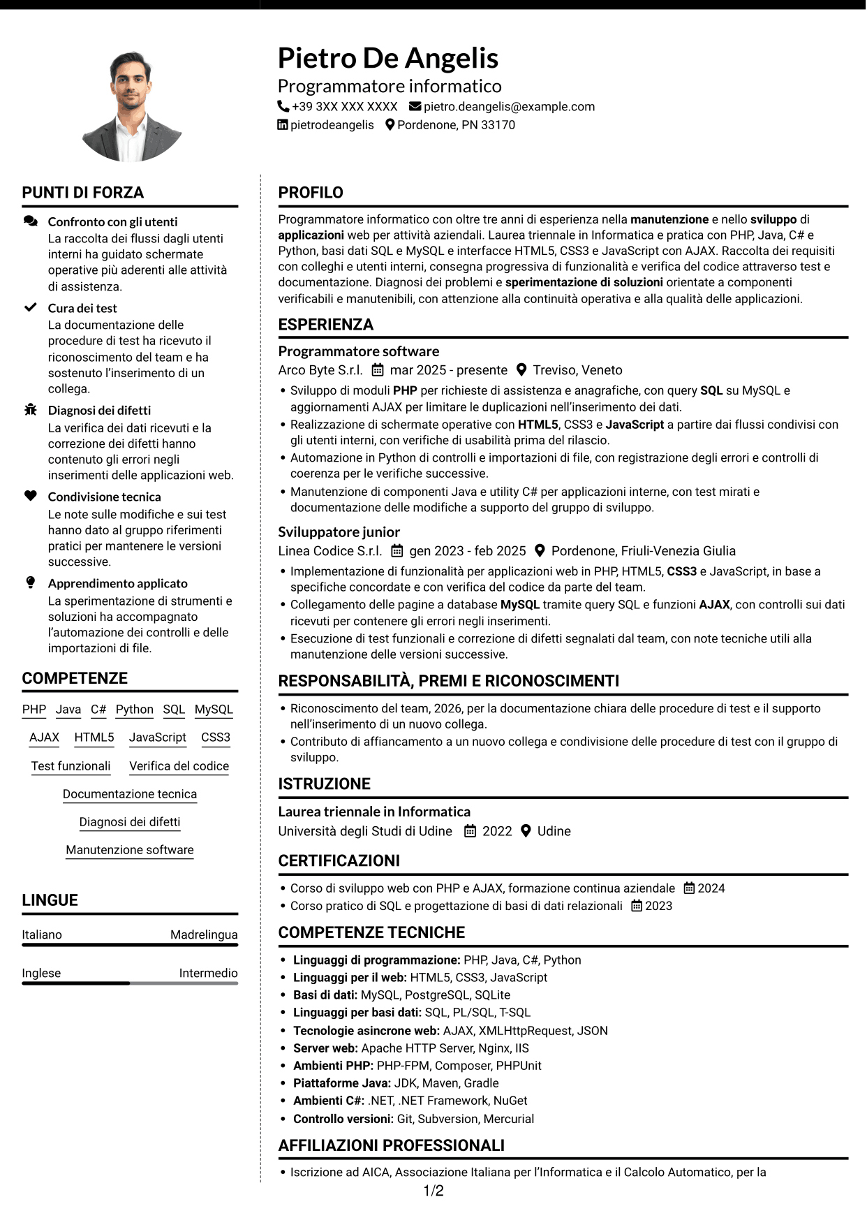 CV Moderno (formato a due colonne con foto a sinistra e separatore): Programmatore informatico, pagina 1