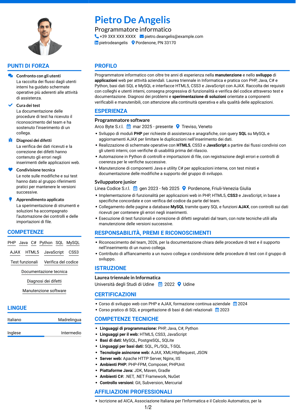 CV Audace (formato a due colonne con accenti colorati e foto): Programmatore informatico, pagina 1