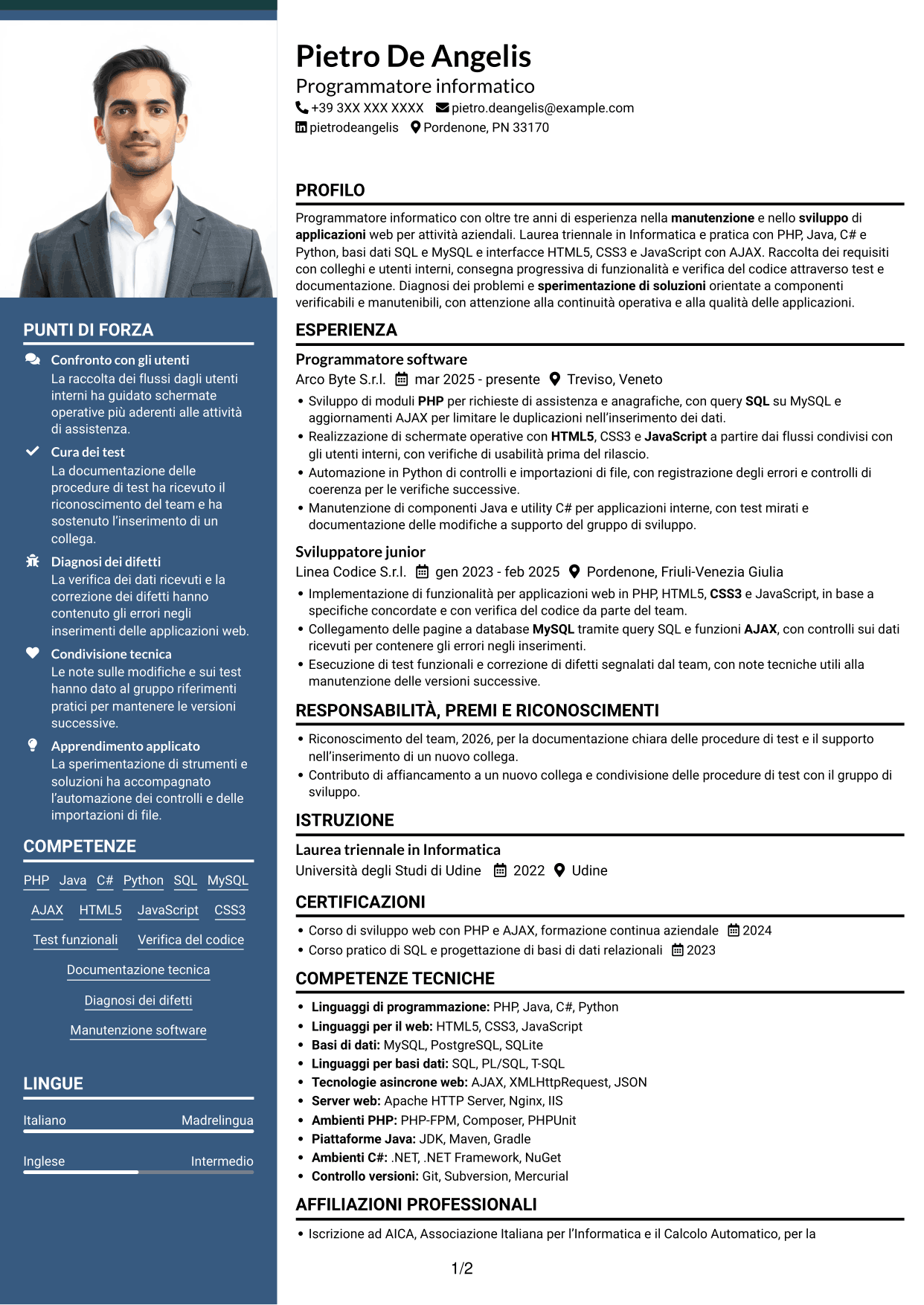 CV Signature (formato con colonna laterale colorata e foto grande): Programmatore informatico, pagina 1