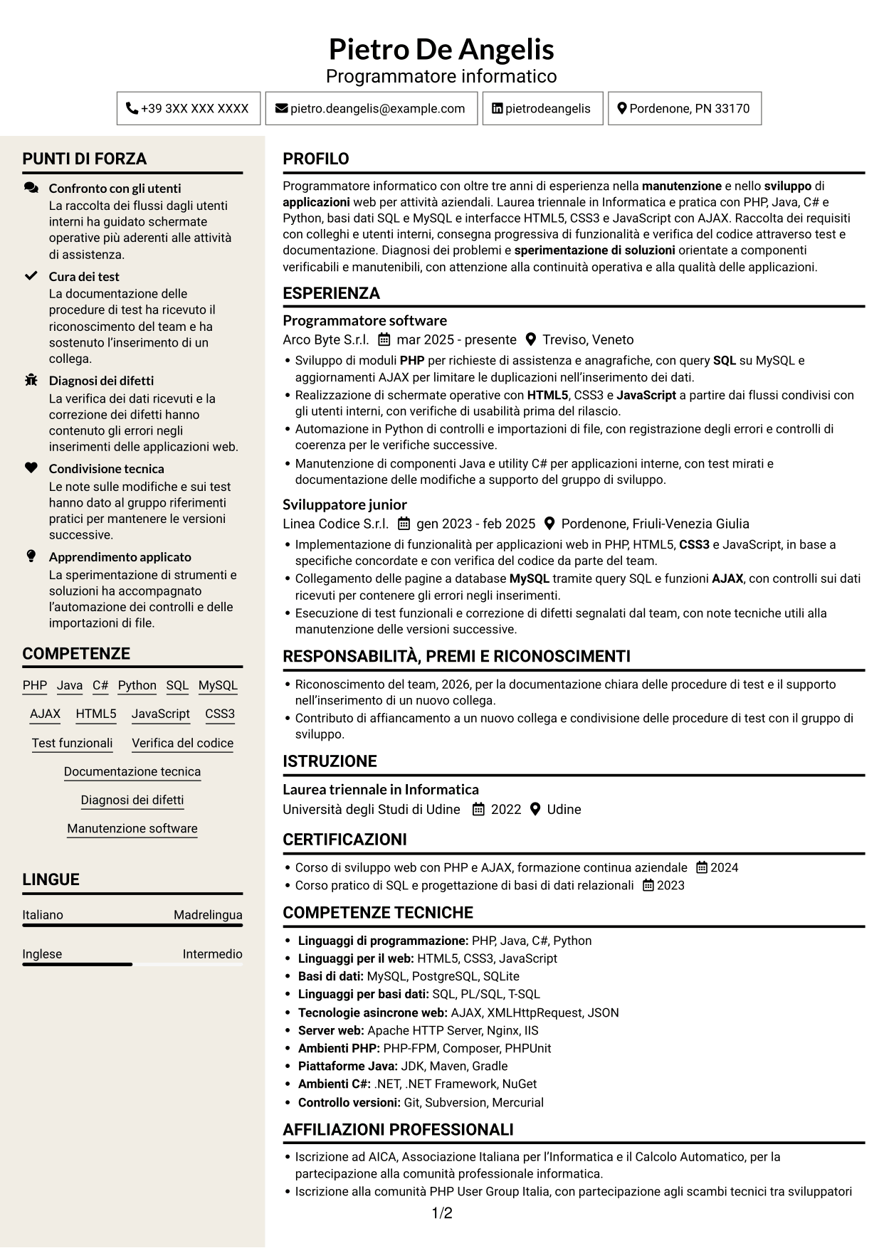 CV Intraprendente (formato a due colonne con intestazione centrata senza foto): Programmatore informatico, pagina 1