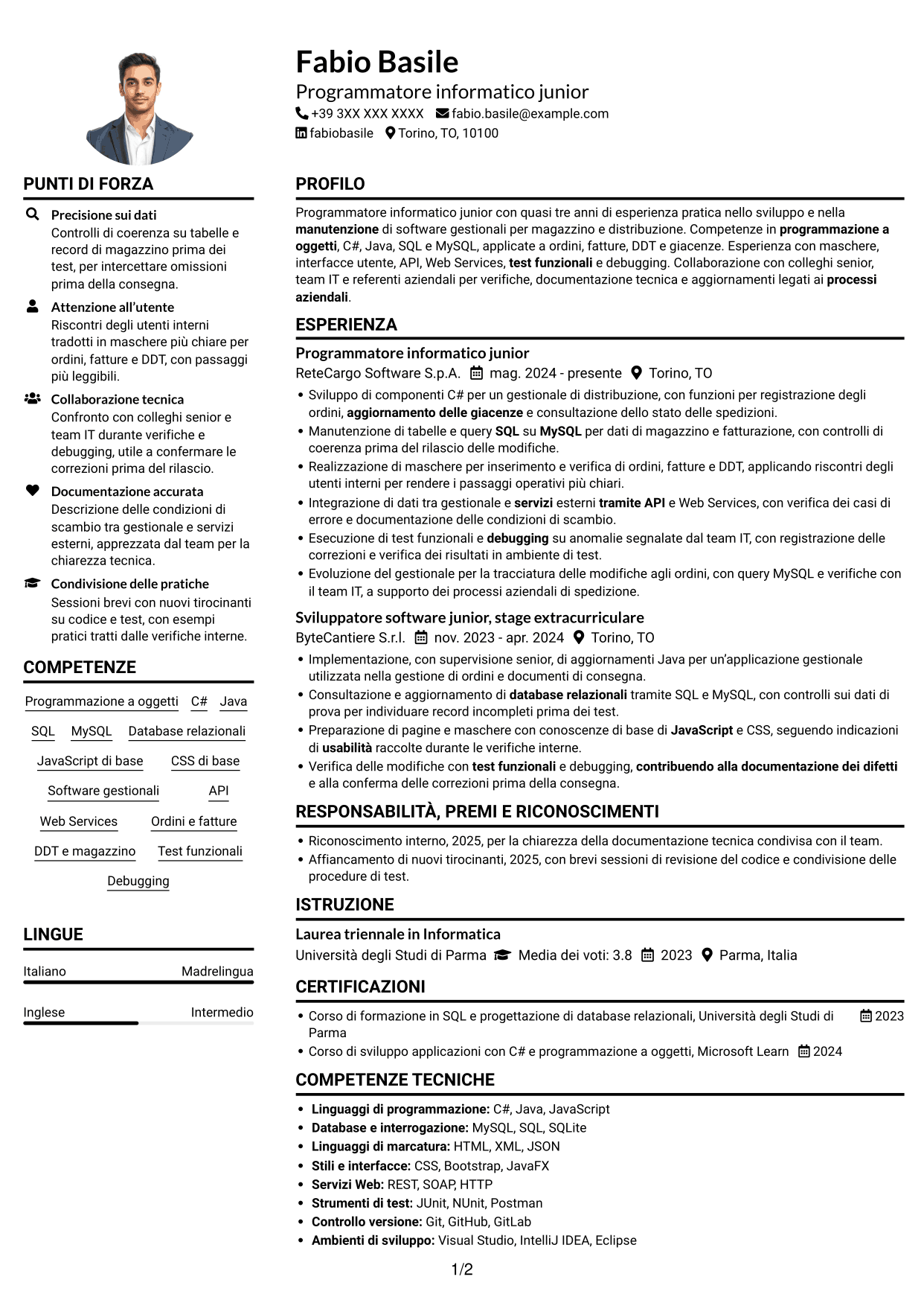 Esempio di curriculum — pagina 1