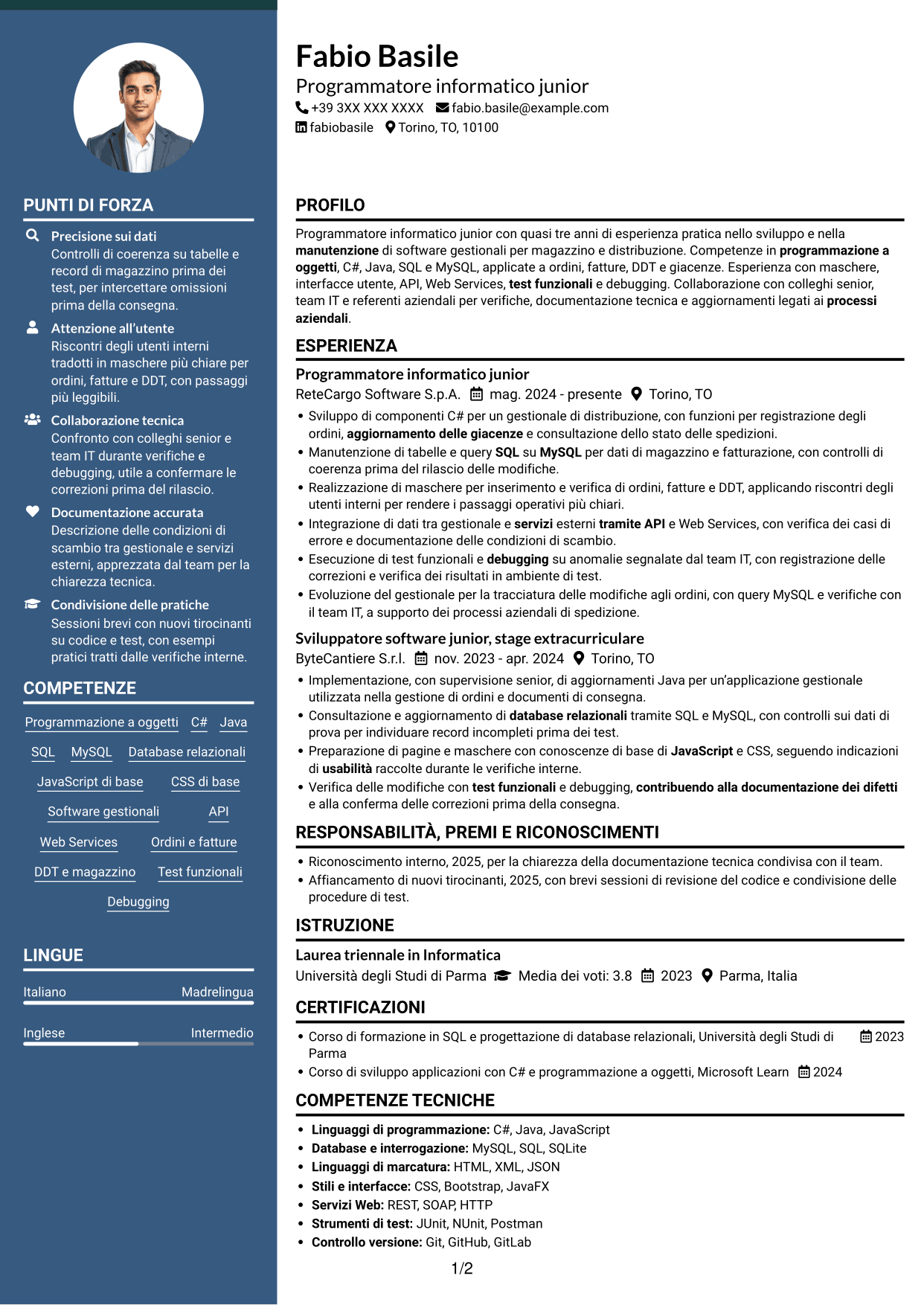 CV Elegante (formato con colonna laterale colorata e foto): Programmatore informatico junior - Software gestionali, pagina 1