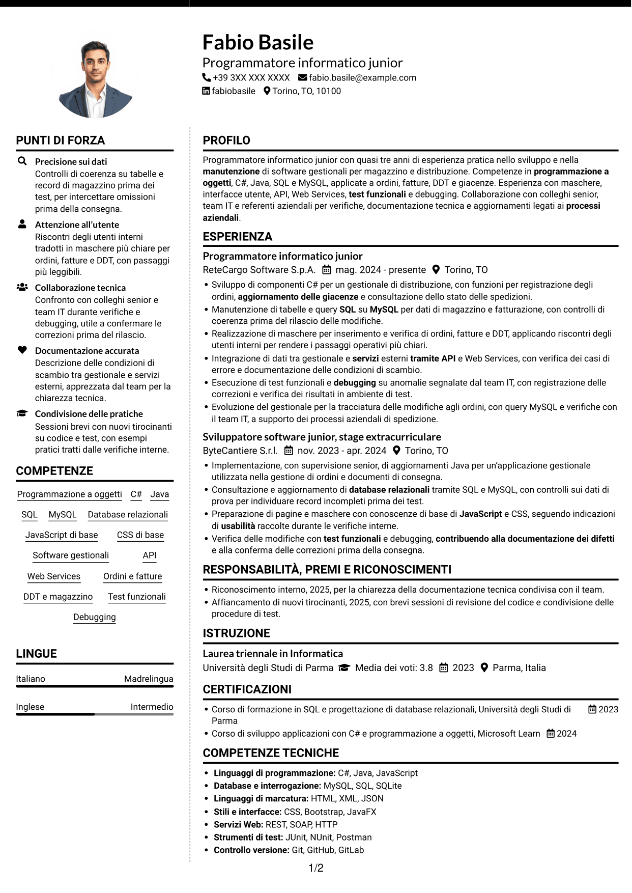 CV Moderno (formato a due colonne con foto a sinistra e separatore): Programmatore informatico junior - Software gestionali, pagina 1