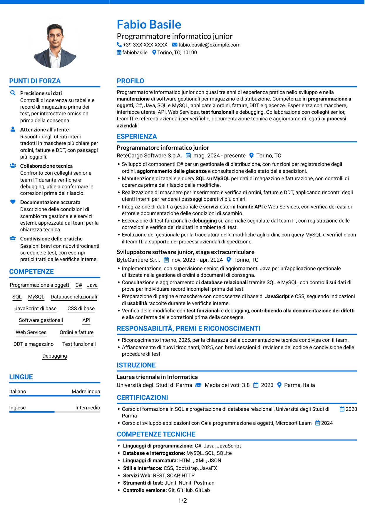CV Audace (formato a due colonne con accenti colorati e foto): Programmatore informatico junior - Software gestionali, pagina 1