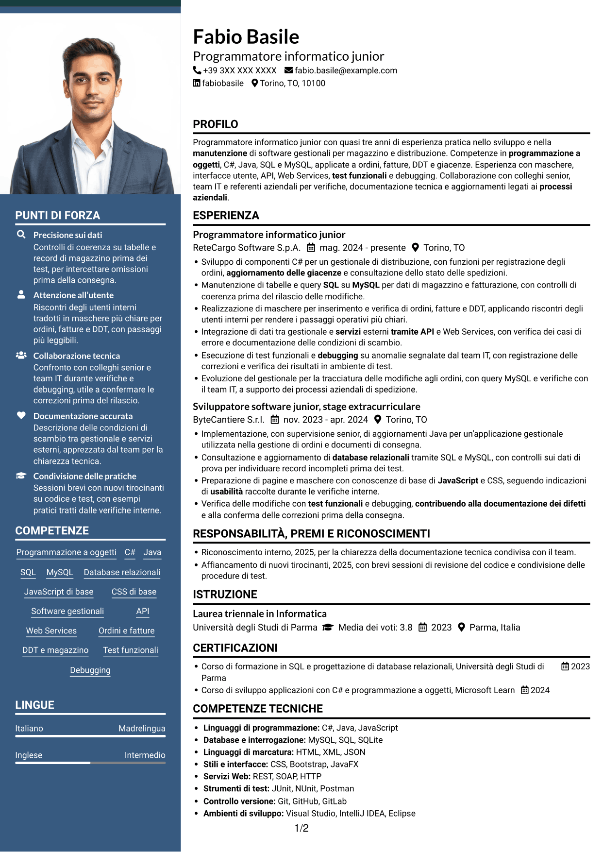 CV Signature (formato con colonna laterale colorata e foto grande): Programmatore informatico junior - Software gestionali, pagina 1