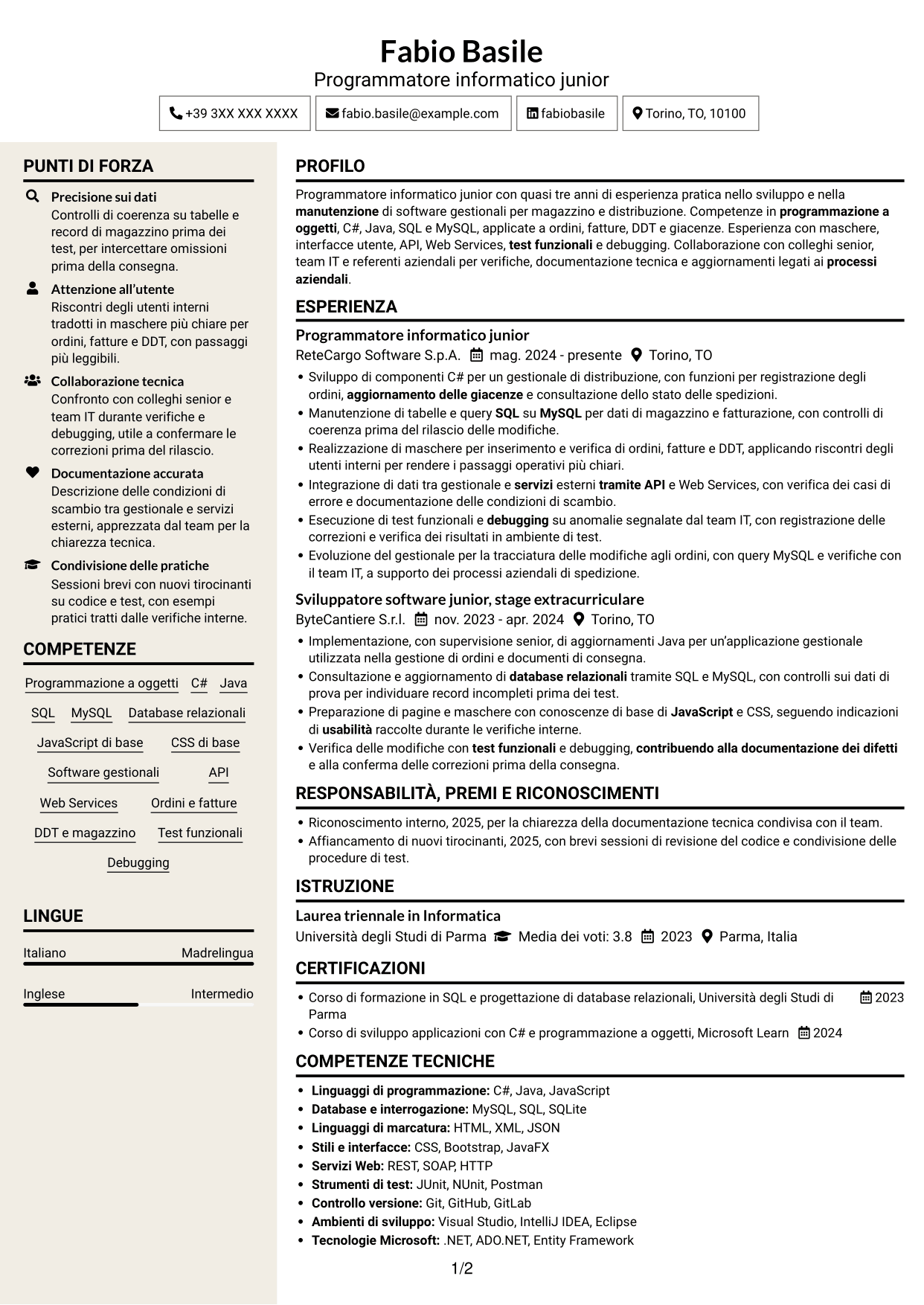 CV Intraprendente (formato a due colonne con intestazione centrata senza foto): Programmatore informatico junior - Software gestionali, pagina 1
