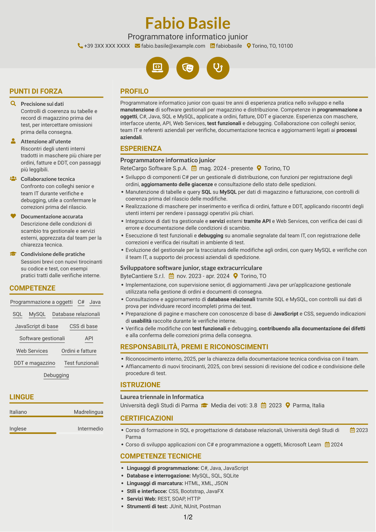 CV Dinamico (formato a due colonne con icone): Programmatore informatico junior - Software gestionali, pagina 1