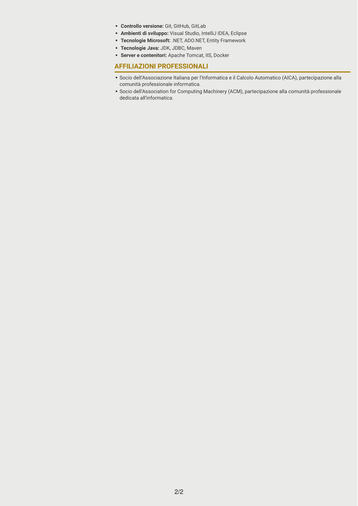 CV Dinamico (formato a due colonne con icone): Programmatore informatico junior - Software gestionali, pagina 2