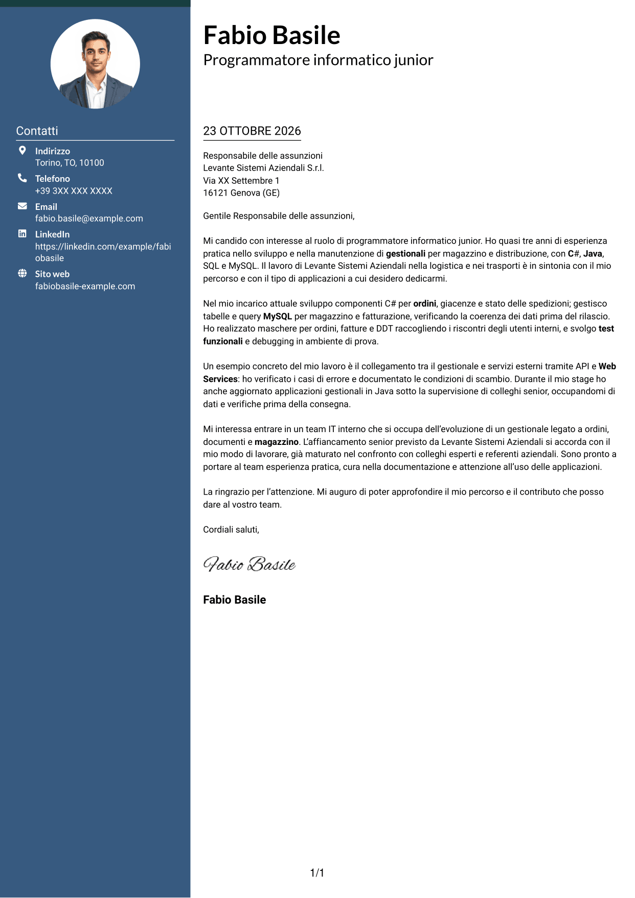 Lettera di presentazione Elegante (formato con colonna laterale colorata e foto): Programmatore informatico junior - Software gestionali, pagina 1