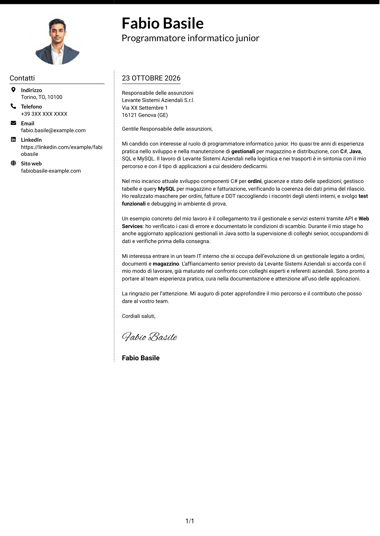Lettera di presentazione Moderno (formato a due colonne con foto a sinistra e separatore): Programmatore informatico junior - Software gestionali, pagina 1