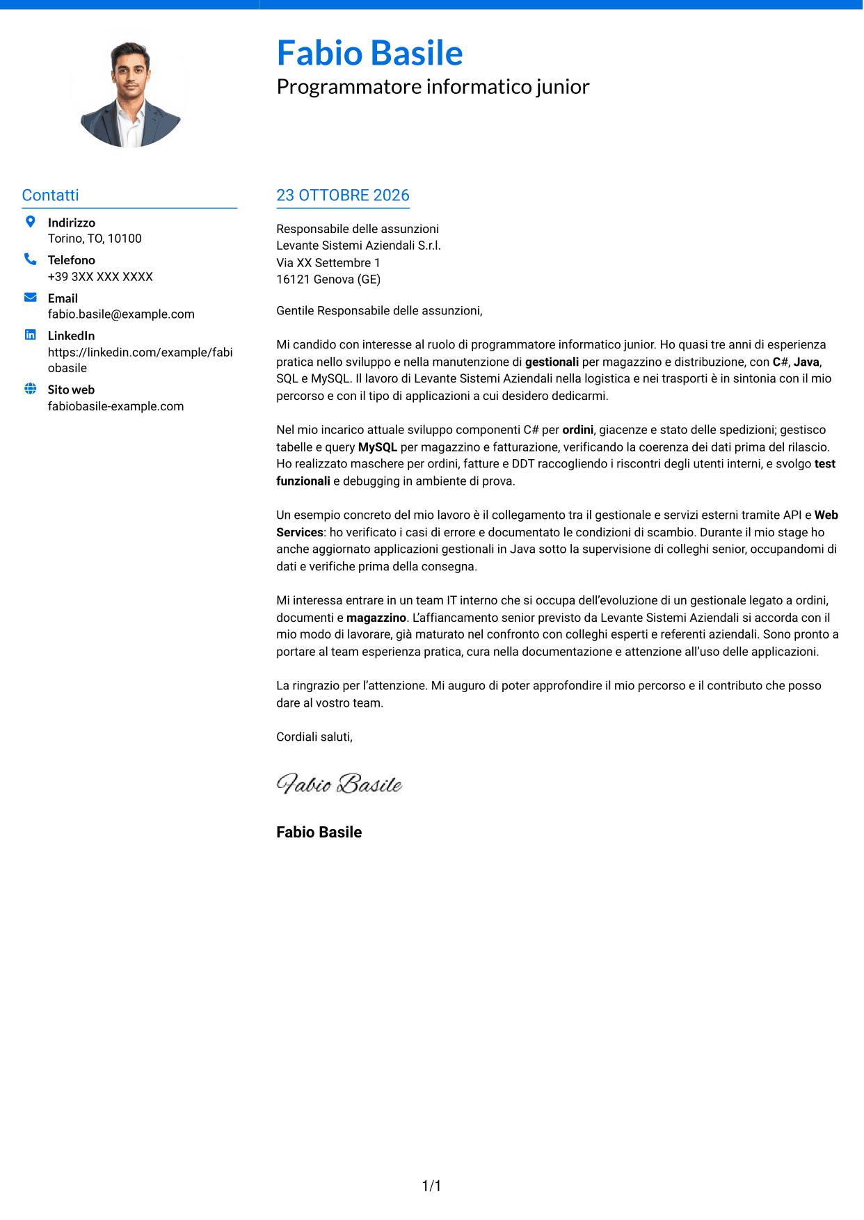 Lettera di presentazione Audace (formato a due colonne con accenti colorati e foto): Programmatore informatico junior - Software gestionali, pagina 1