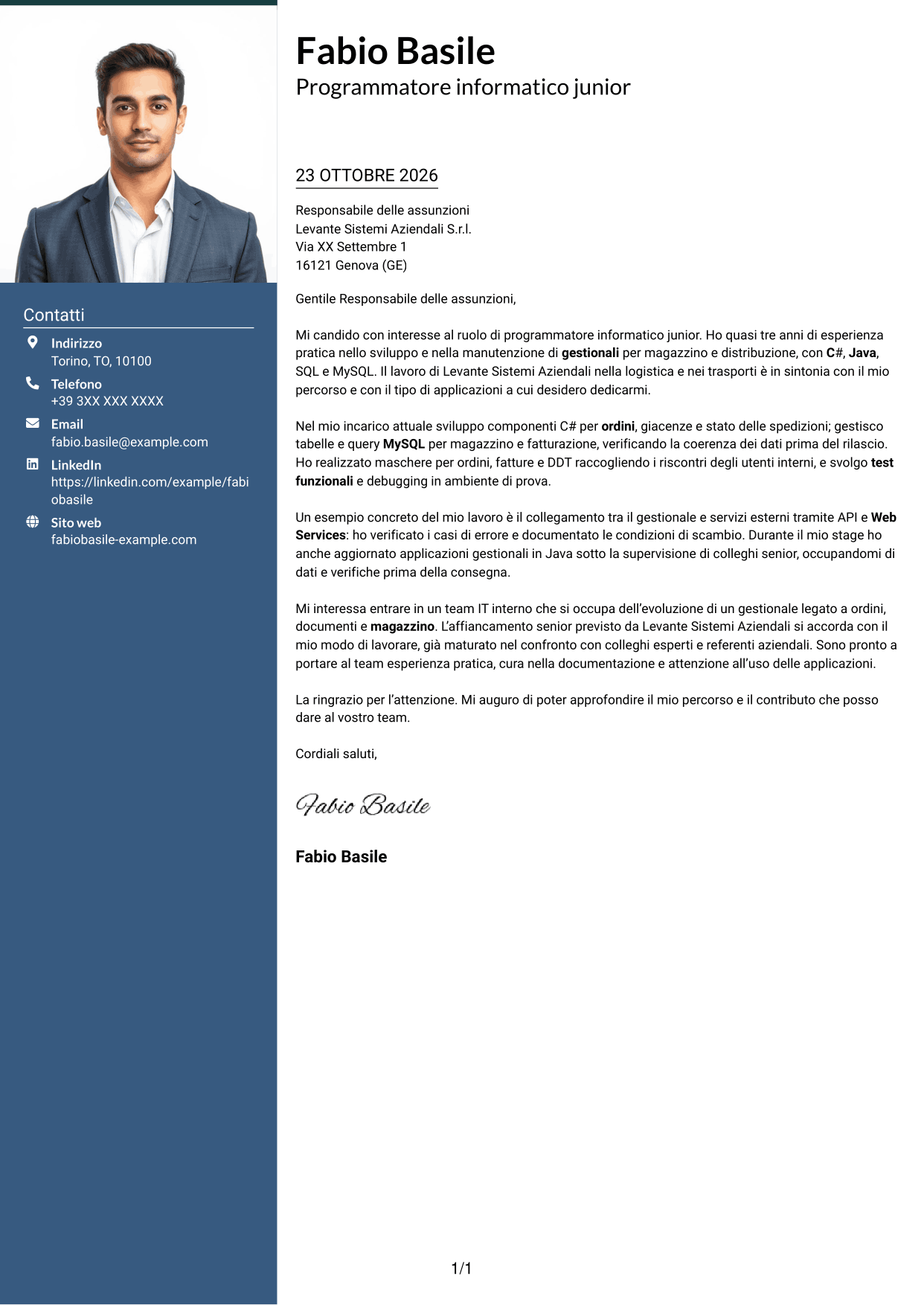 Lettera di presentazione Signature (formato con colonna laterale colorata e foto grande): Programmatore informatico junior - Software gestionali, pagina 1